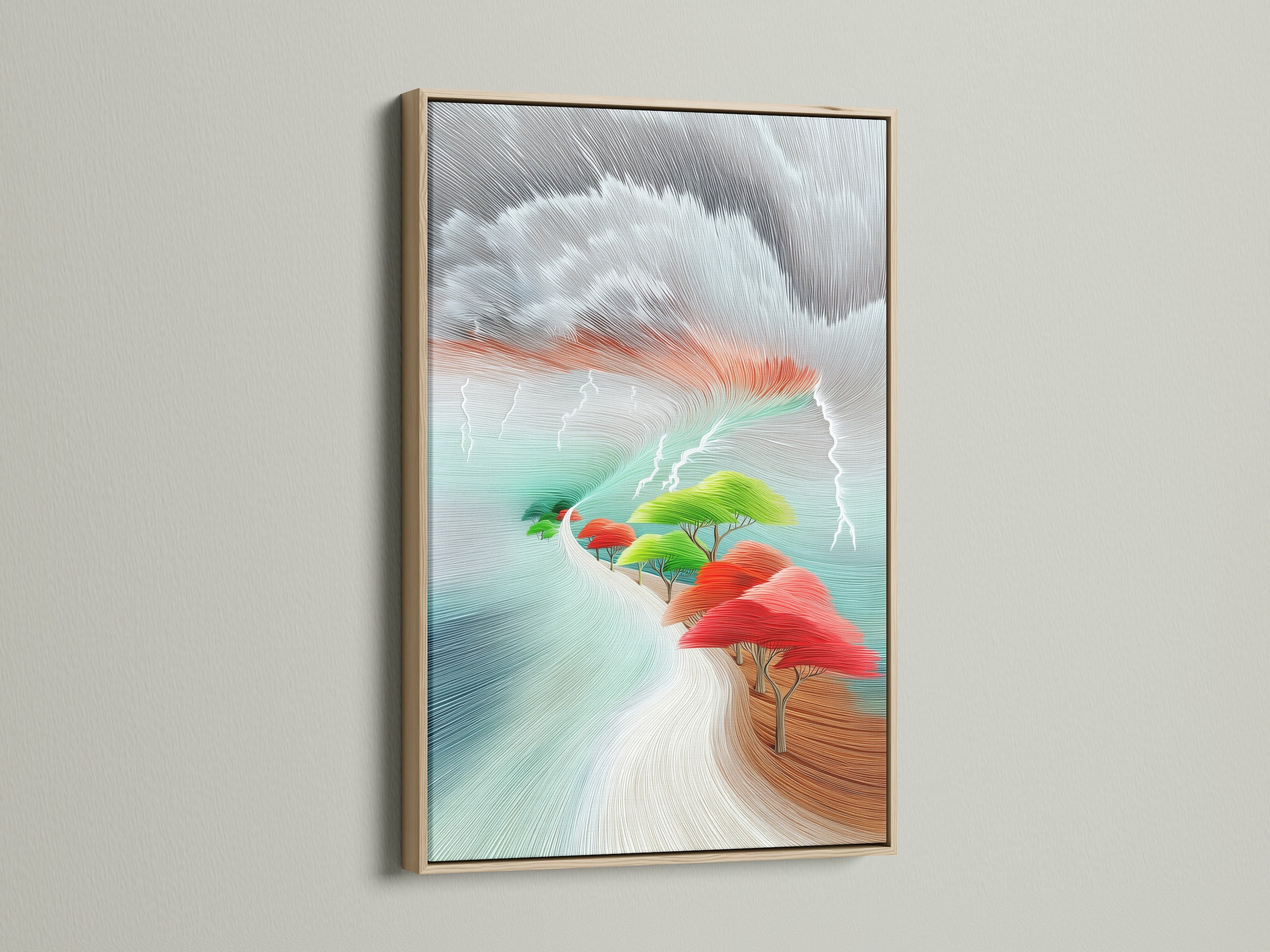 An oak frame elegantly holds a colorful abstract landscape art print.  The artwork features vibrant trees. The oak frame enhances the modern nature scene. This artwork is ideal for contemporary living room or office wall decor.