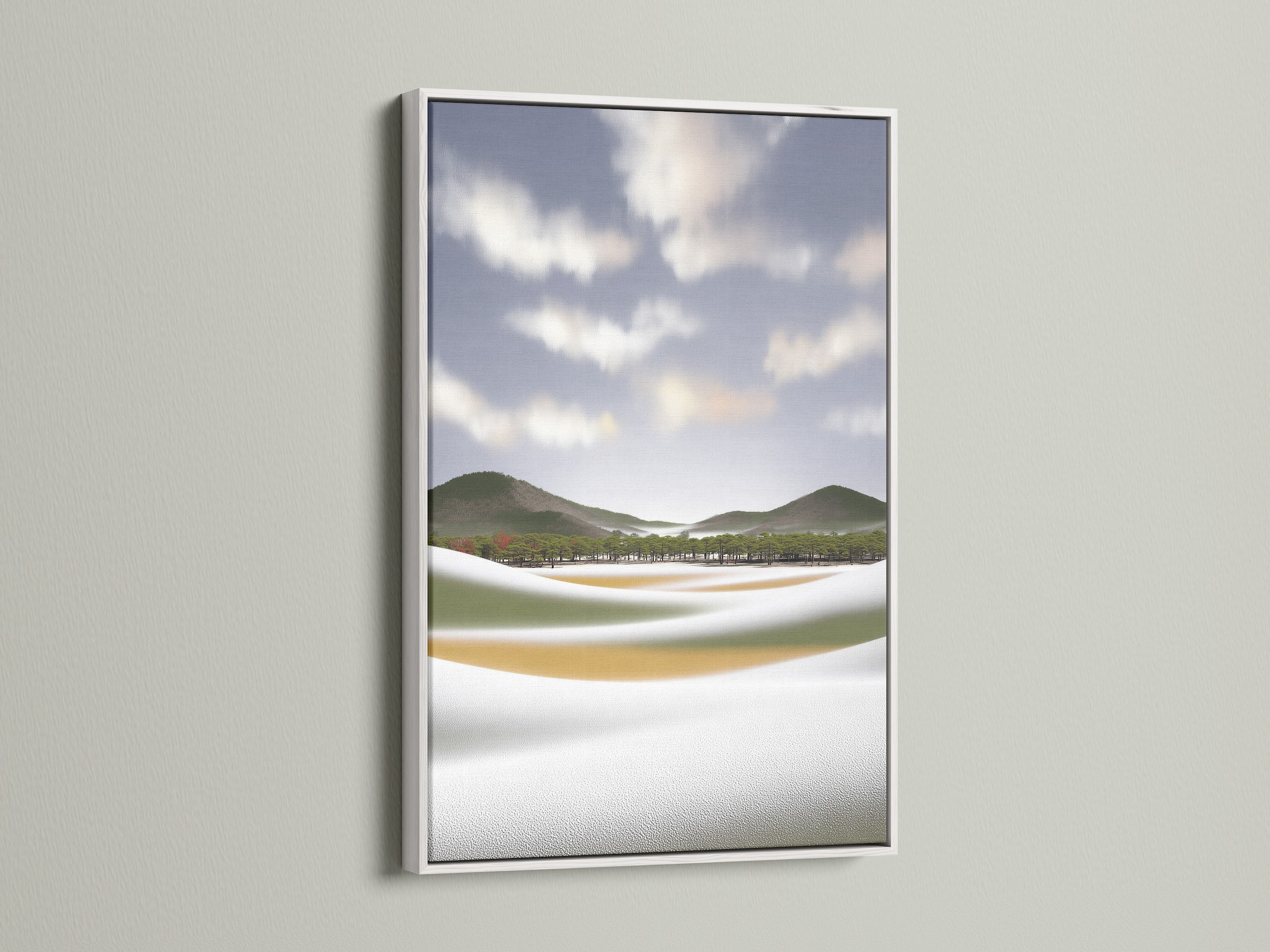 Coastal landscape artwork in a white frame. This serene nature print is ideal for modern wall art. It brings a sense of tranquility to any space. Enhance your bedroom wall decor with this beach canvas print. The white frame complements the artwork beautifully.