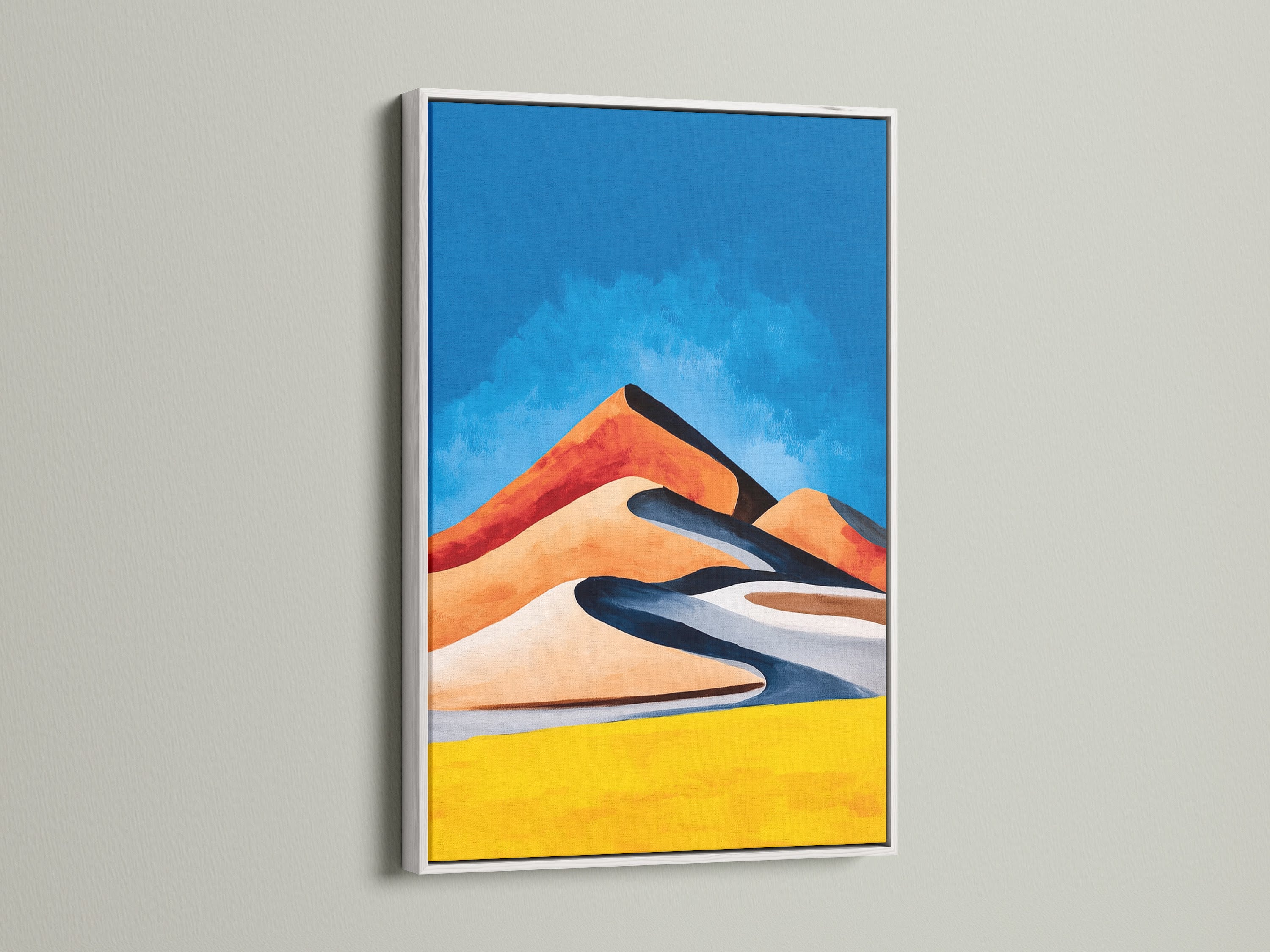 Brighten your walls with our Abstract Desert Landscape artwork in a white frame. The clean white frame enhances the colorful mountain print. It's ideal for adding a touch of contemporary art to your office wall decor. This piece complements Bohemian and Eclectic styles.