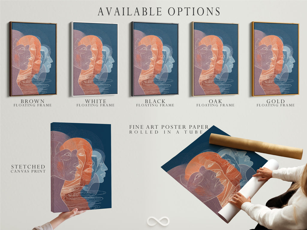 Available options for art prints are showcased. Options include a stretched canvas print. Also a fine art poster paper. A floating frame is also an available option for your artwork.