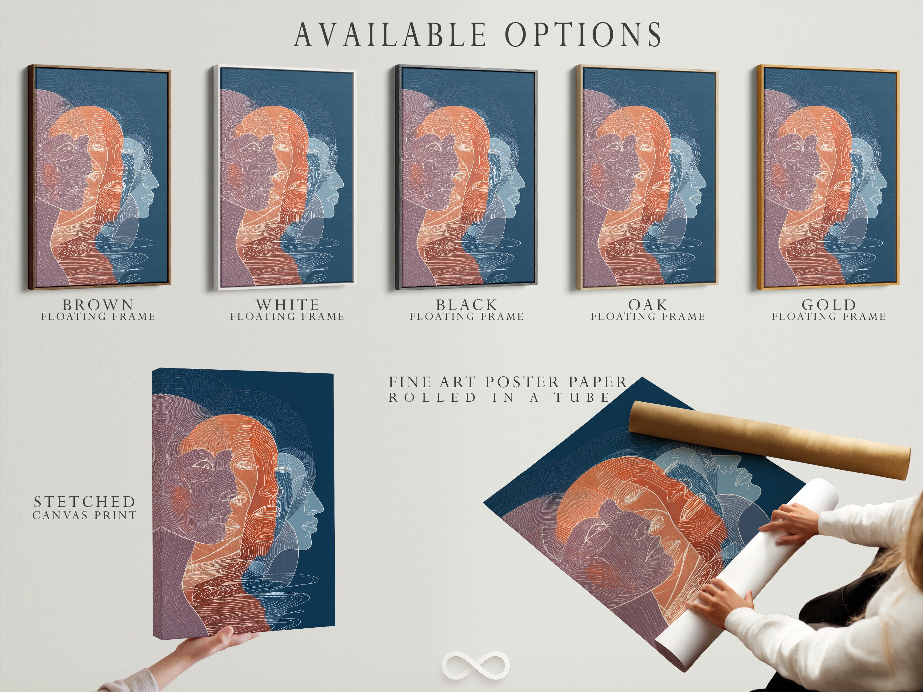 Available options for art prints are showcased. Options include a stretched canvas print. Also a fine art poster paper. A floating frame is also an available option for your artwork.