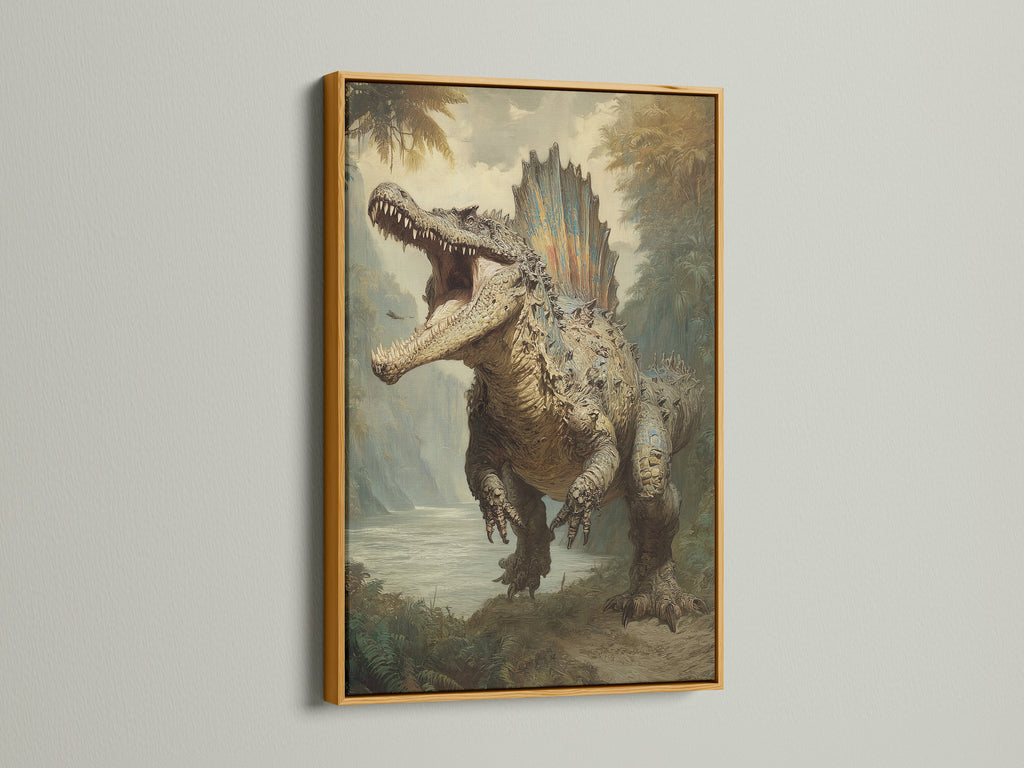 Dinosaur artwork in a gold frame. The artwork features a large dinosaur roaring in a prehistoric landscape. The gold frame brings a touch of luxury. This artwork elevates your decor with a classic aesthetic. Perfect for adding a touch of glamour.
