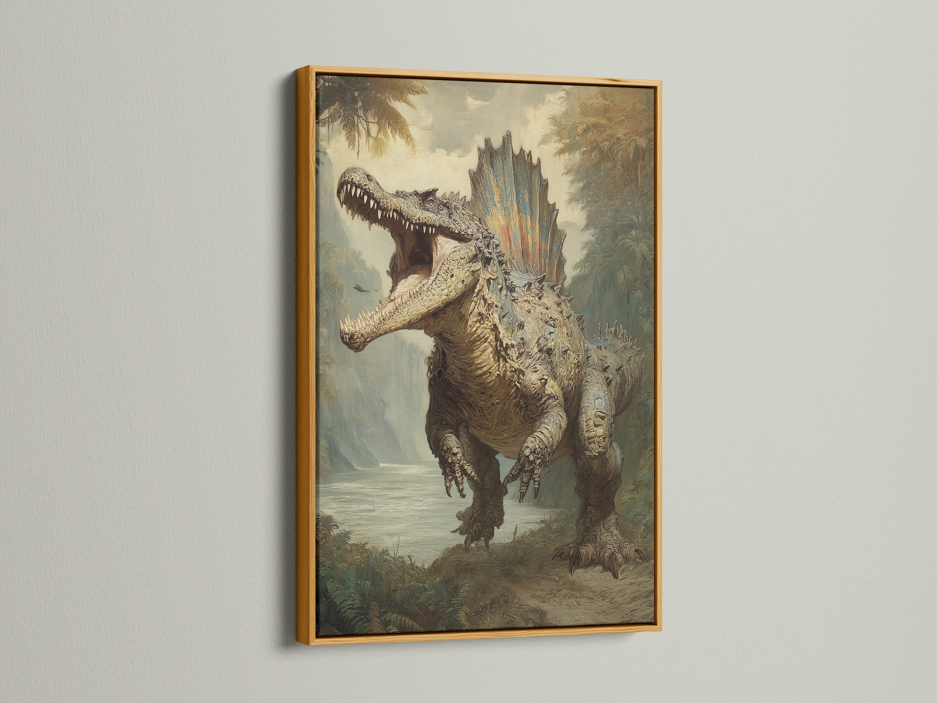 Dinosaur artwork in a gold frame. The artwork features a large dinosaur roaring in a prehistoric landscape. The gold frame brings a touch of luxury. This artwork elevates your decor with a classic aesthetic. Perfect for adding a touch of glamour.