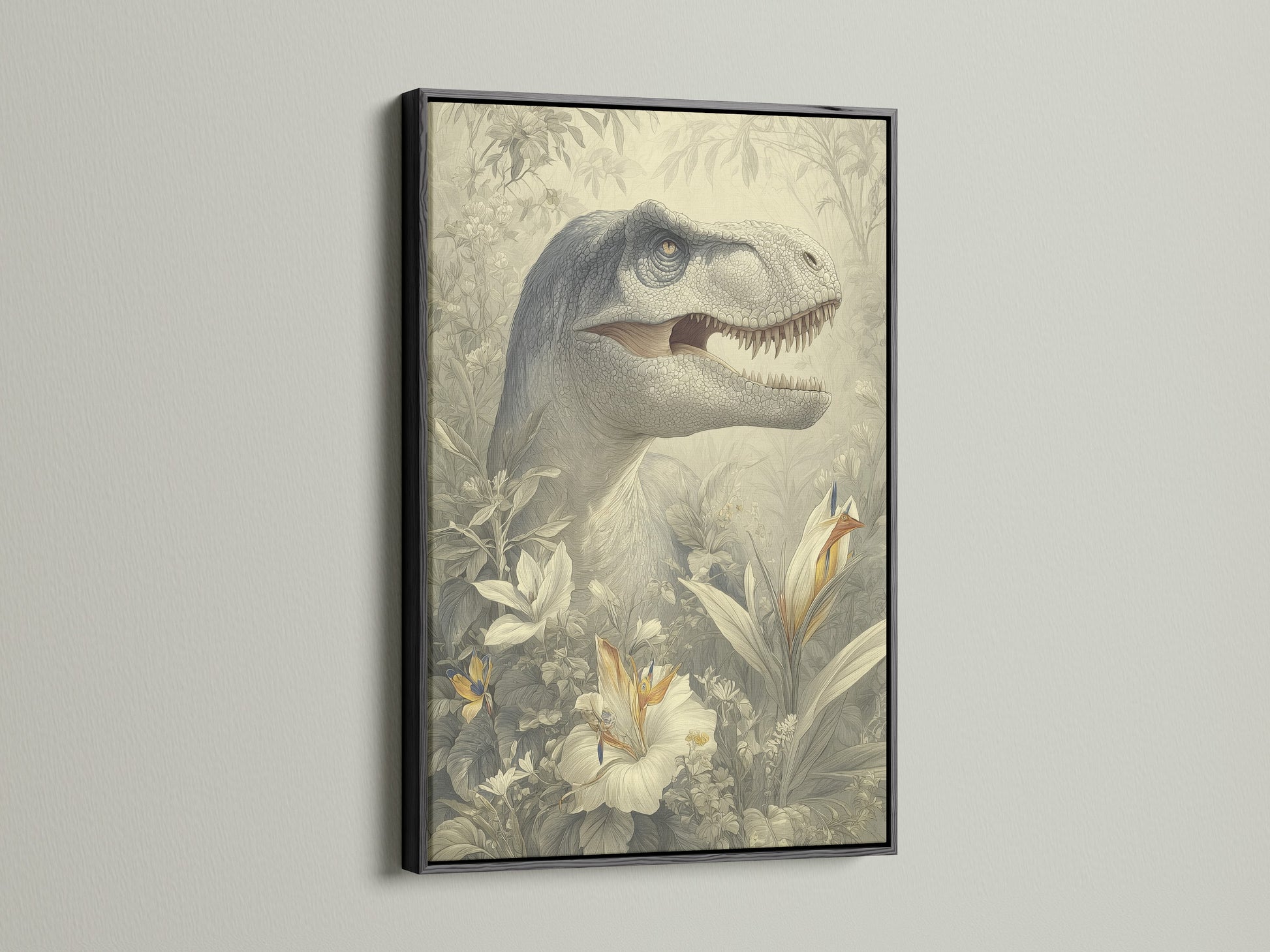 A sleek black frame showcasing a dinosaur artwork. Black frames add sophistication. They create a bold statement. View our black frame choices to elevate your artwork display today.