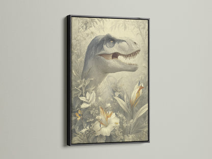 A sleek black frame showcasing a dinosaur artwork. Black frames add sophistication. They create a bold statement. View our black frame choices to elevate your artwork display today.