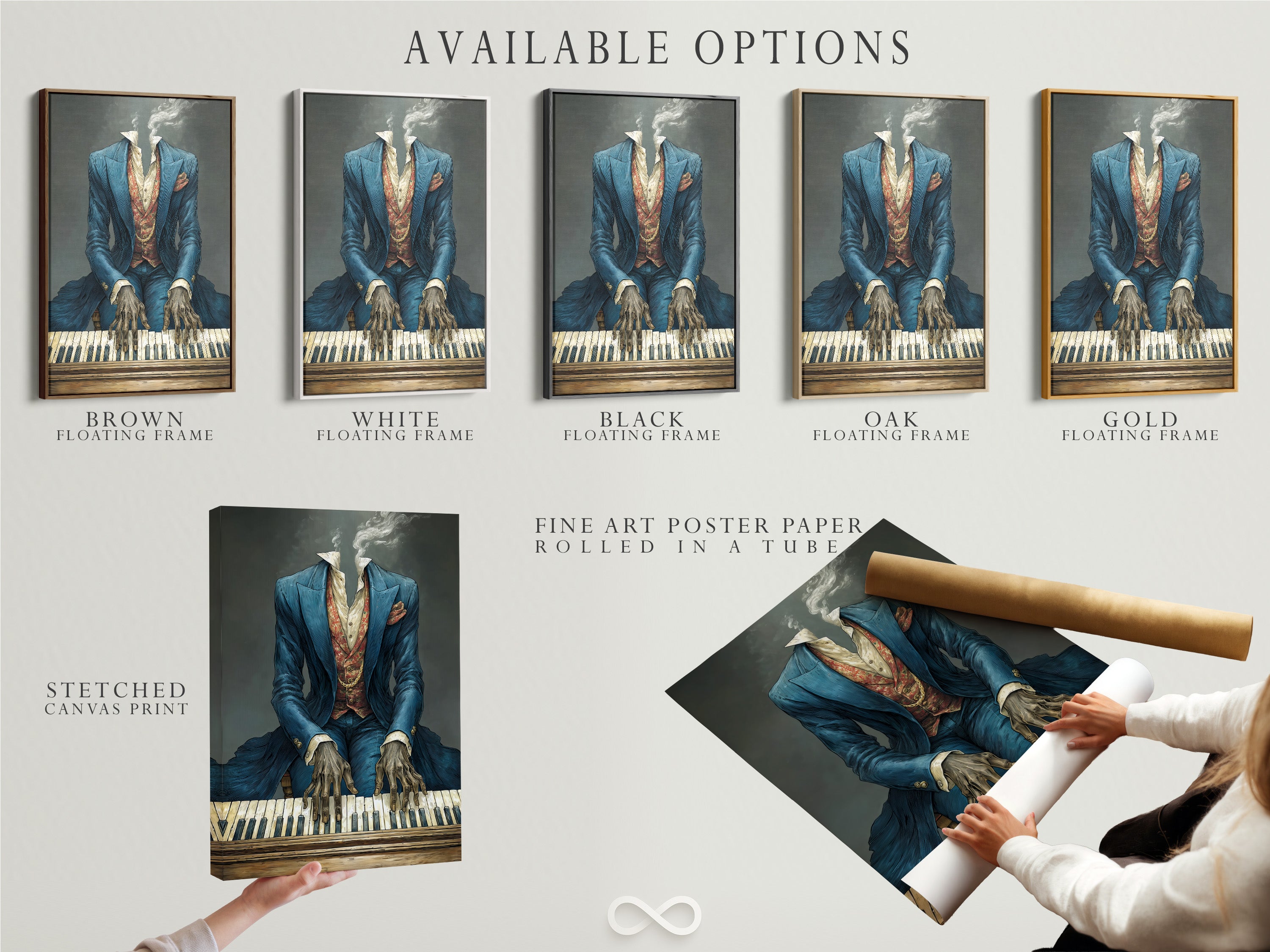 Available options for Vintage Piano Player Art. Options include a stretched canvas print fine art poster paper and floating frame. Great for music rooms man caves and music schools.