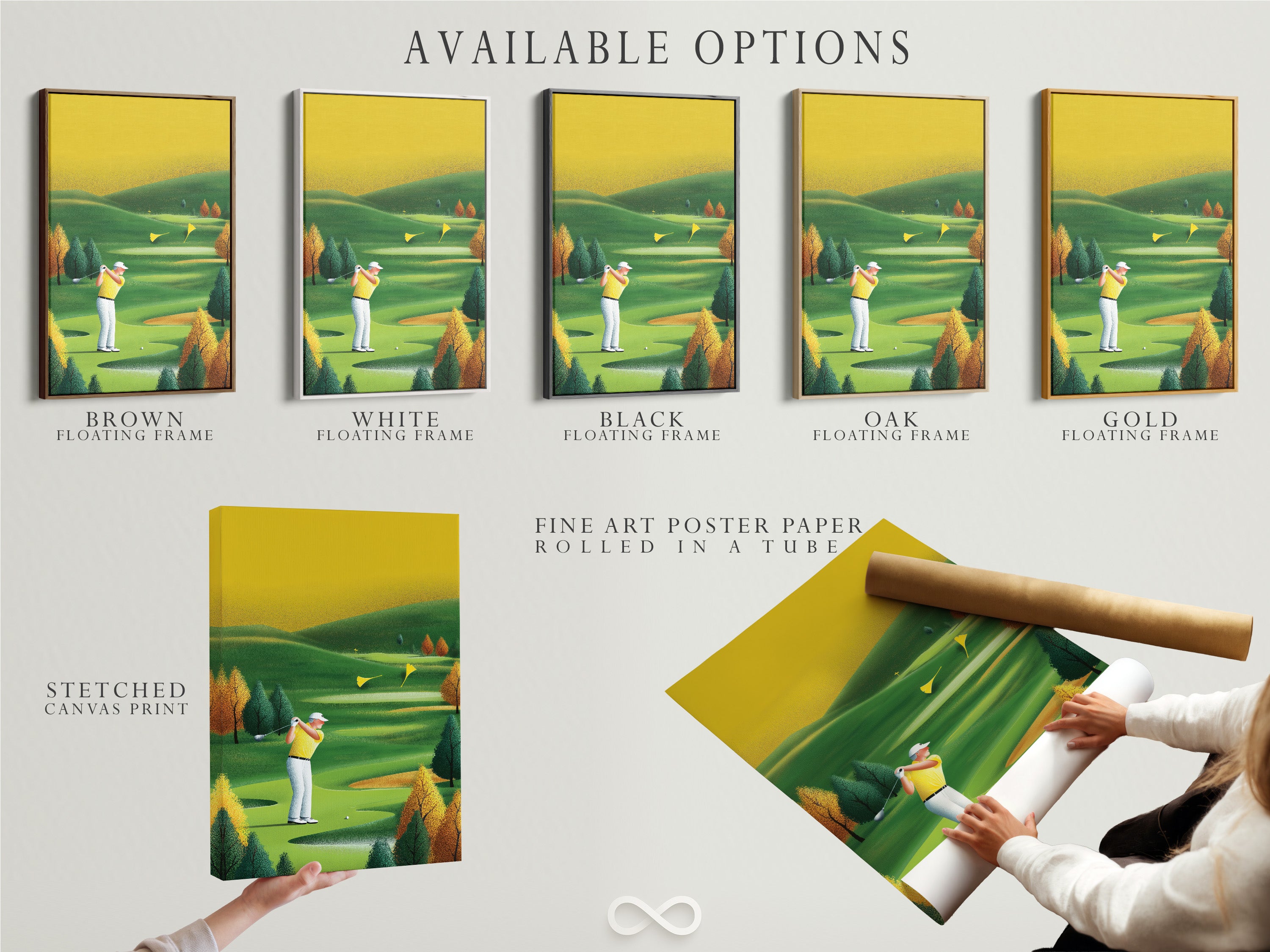 Explore available options for this golf artwork. Choose from stretched canvas prints fine art poster paper or floating frames. Find the perfect style for your sports wall decor. Enhance your office or man cave with vintage golf art. A great golf lover gift.