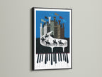 Piano Castle artwork in a sleek black frame. The artwork features a castle sitting on a piano keyboard. Knights are riding across the keys. The black frame adds a touch of sophistication. Perfect for any music room or living space.