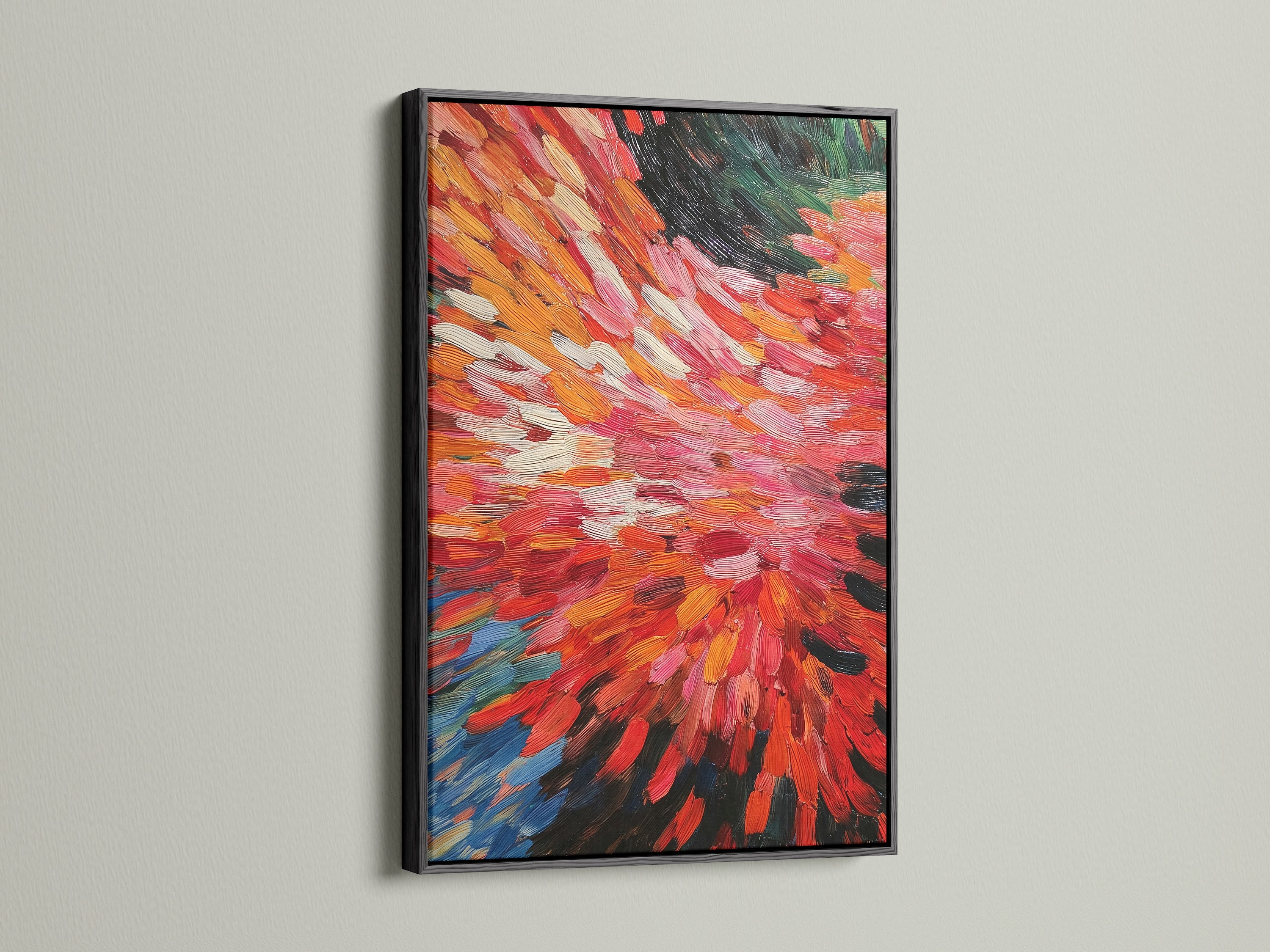 An abstract burst artwork is elegantly framed in black. The vibrant red and orange hues bring energy to the artwork. Its dynamic brushstrokes enhance modern spaces. It will complement minimalist Scandinavian or eclectic styles. Add this bold canvas art to your decor.