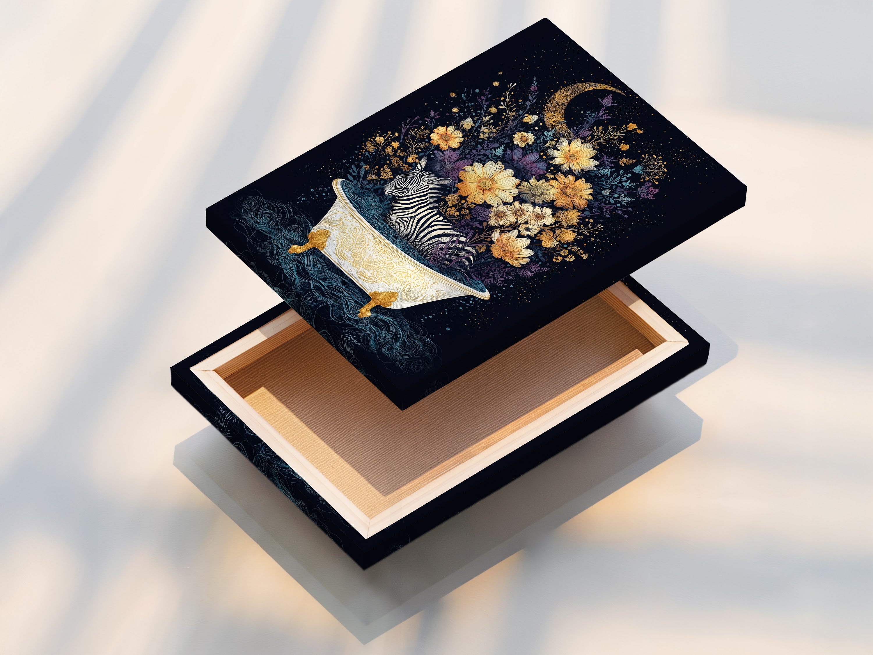 This is a stretched canvas print of the zebra in bathtub art. The artwork features a zebra in a bathtub filled with water. Flowers and a moon decorate the artwork. This animal canvas art is perfect for adding a touch of boho to your bathroom wall decor or nursery.