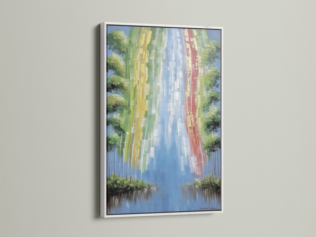 Abstract Waterfall artwork with a white frame. The colorful artwork enhances any space. This river print captures the essence of nature. It's perfect as office wall decor or living room art. A contemporary art piece.