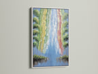 Abstract Waterfall artwork with a white frame. The colorful artwork enhances any space. This river print captures the essence of nature. It's perfect as office wall decor or living room art. A contemporary art piece.