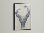 Bodybuilding art with a sleek black frame. This muscle canvas print makes a statement. The gray and gold artwork complements modern industrial spaces. Perfect for gym wall art or fitness gifts.