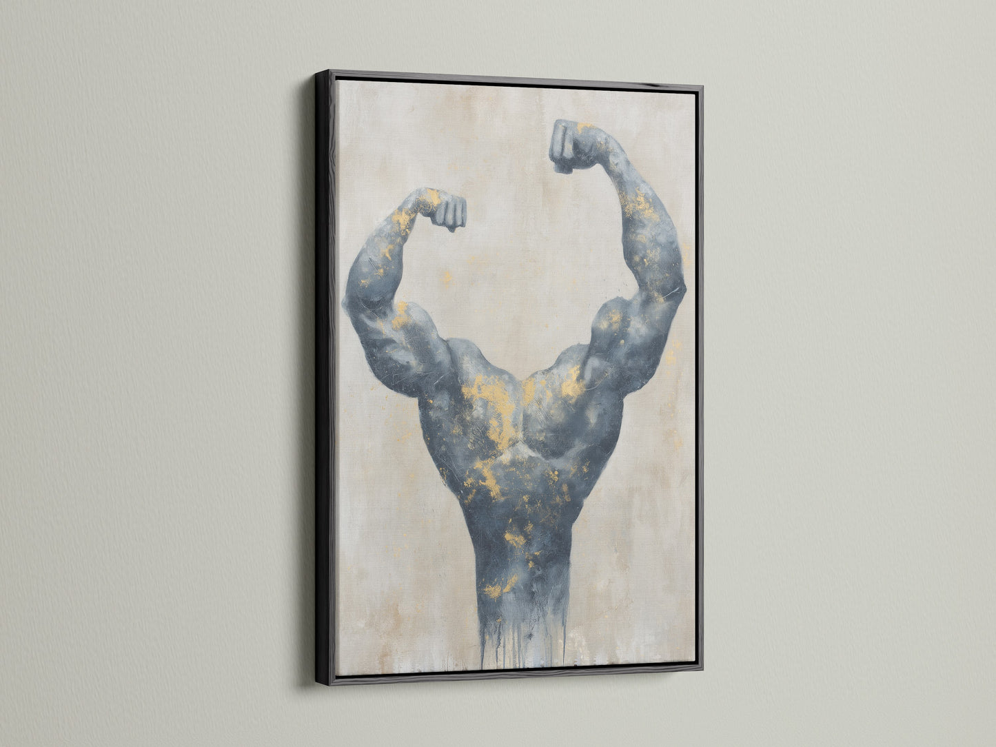 Bodybuilding art with a sleek black frame. This muscle canvas print makes a statement. The gray and gold artwork complements modern industrial spaces. Perfect for gym wall art or fitness gifts.