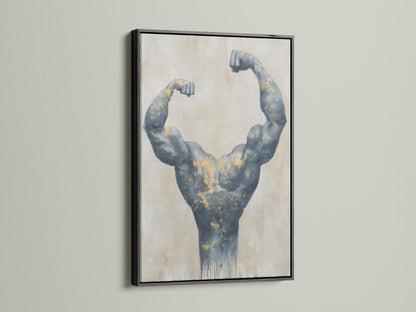 Bodybuilding art with a sleek black frame. This muscle canvas print makes a statement. The gray and gold artwork complements modern industrial spaces. Perfect for gym wall art or fitness gifts.