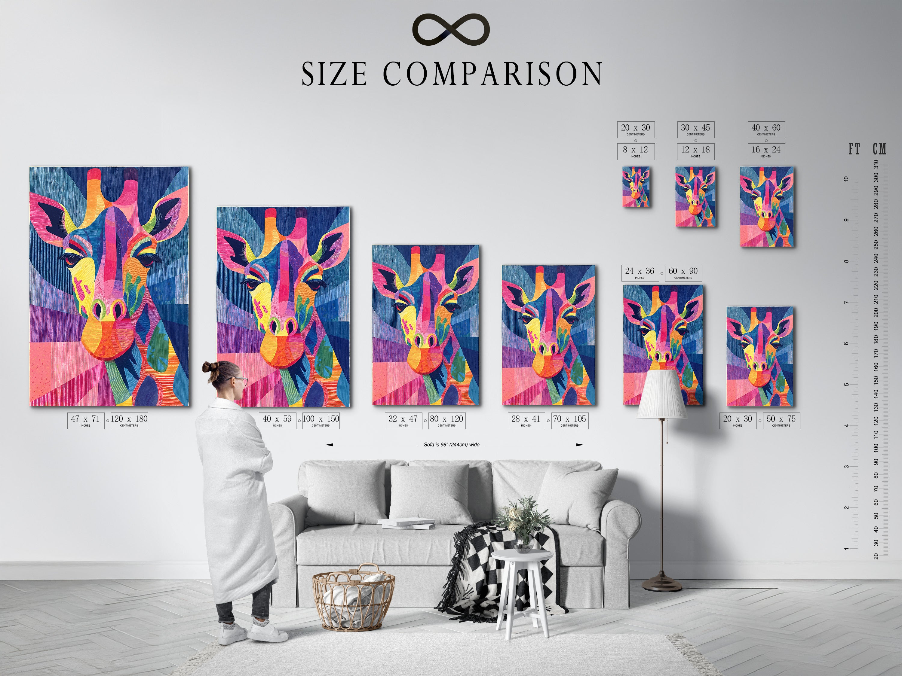 A size comparison chart is shown in an interior setting. The chart features the colorful giraffe artwork in various sizes. This helps visualize how the rainbow animal print will look in a room. It aids in choosing the perfect size for kids room decor or safari nursery art.