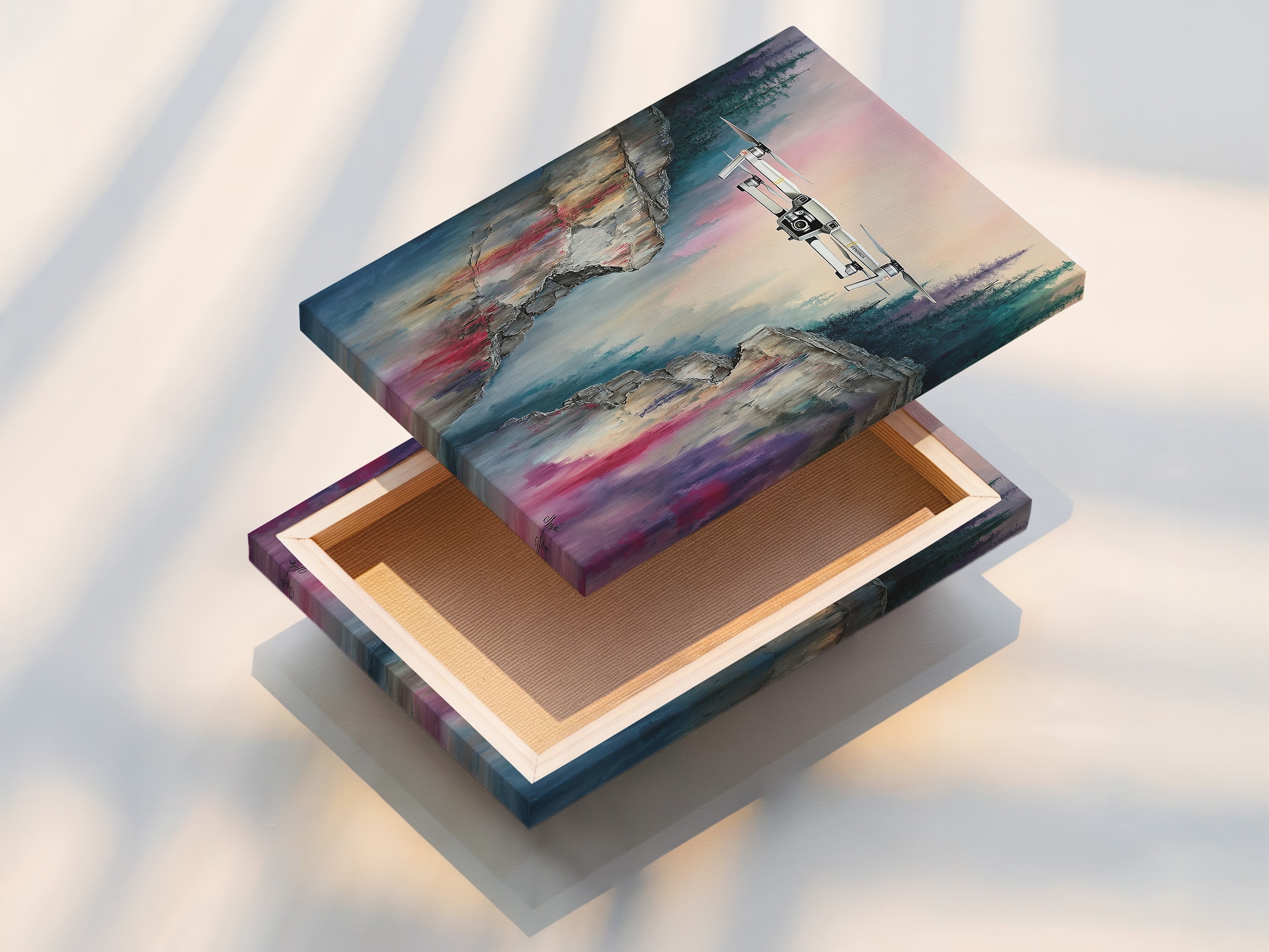 A stretched canvas print featuring drone flight over a mountain cliff. The canvas enhances the aerial view photography. Perfect for creating a modern statement in any room. The stretched canvas provides a gallery-ready artwork. Ideal for home or office wall decor.