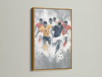 A soccer abstract art print displayed in a luxurious gold frame. The artwork captures the essence of a soccer game. The gold frame adds a touch of elegance to the sports canvas print. Ideal for enhancing game room decor or a sports bar art.