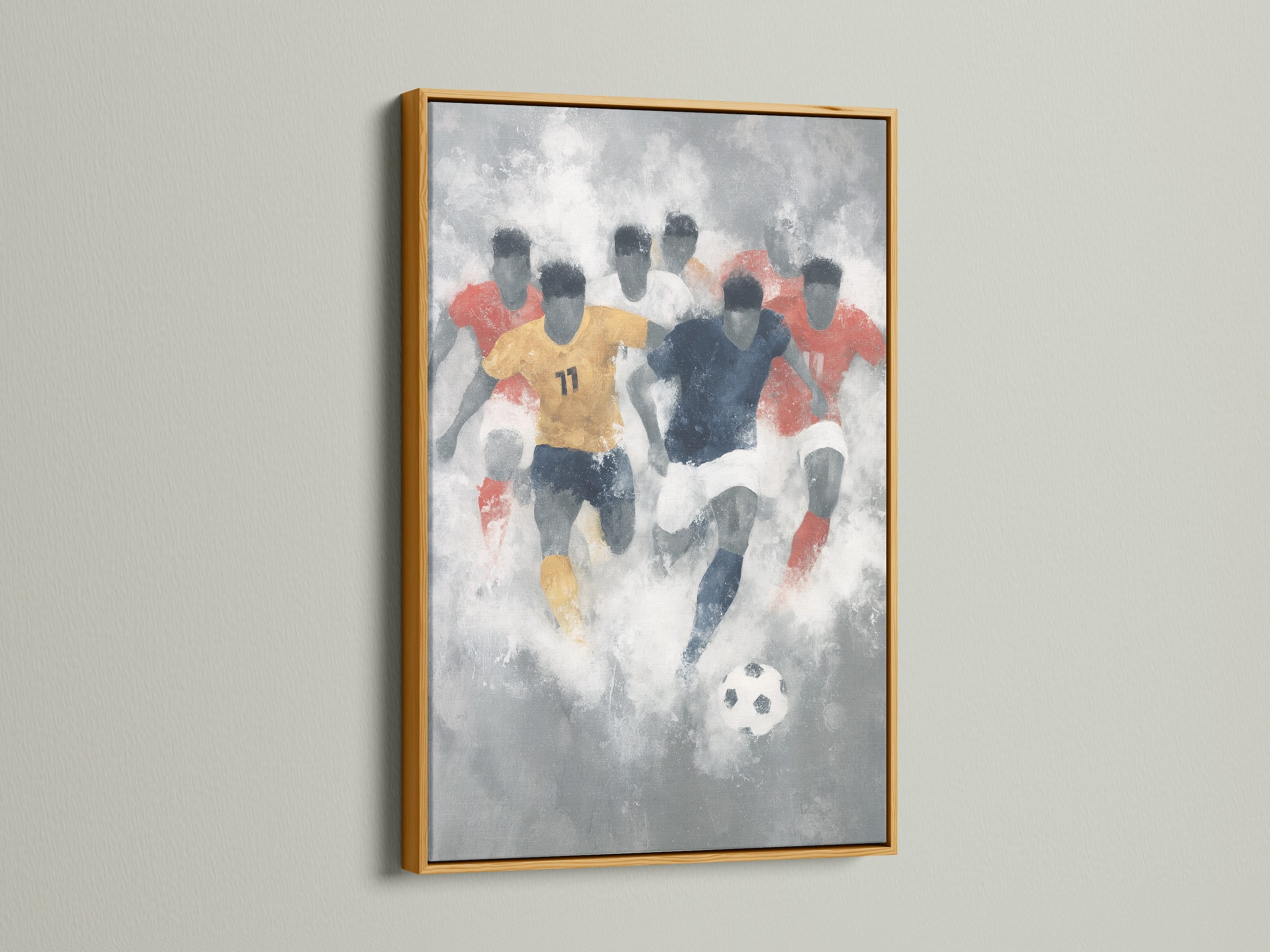 A soccer abstract art print displayed in a luxurious gold frame. The artwork captures the essence of a soccer game. The gold frame adds a touch of elegance to the sports canvas print. Ideal for enhancing game room decor or a sports bar art.