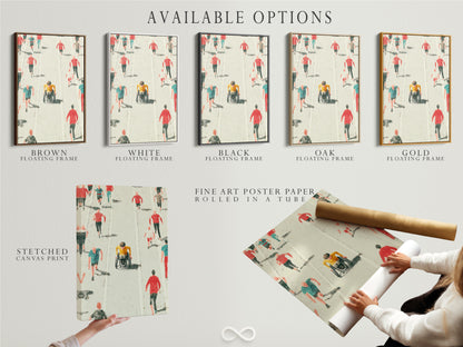 Available options for the Marathon Runners artwork. Choose from a stretched canvas print fine art poster paper or floating frame. Each option offers a unique way to display this sports-themed artwork. Select the perfect style to match your decor and personal taste.