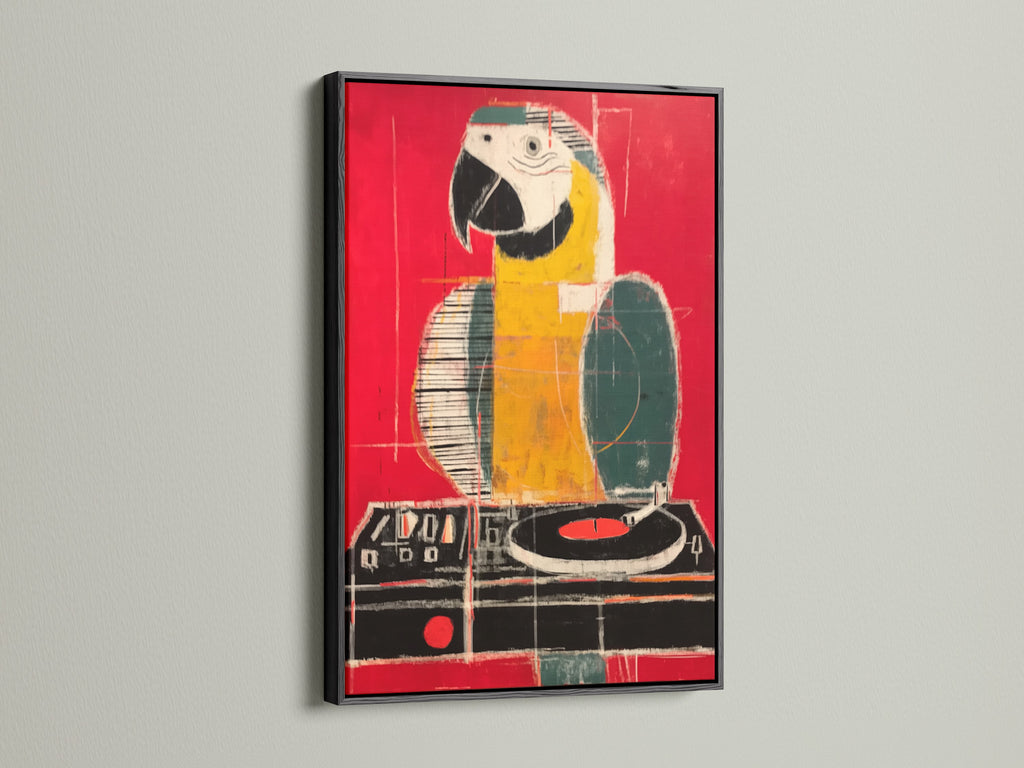 View a contemporary parrot artwork with a black frame. The black frame adds sophistication. It makes the artwork pop against light walls. Perfect for living rooms offices and studios. Add sophisticated art to your space.