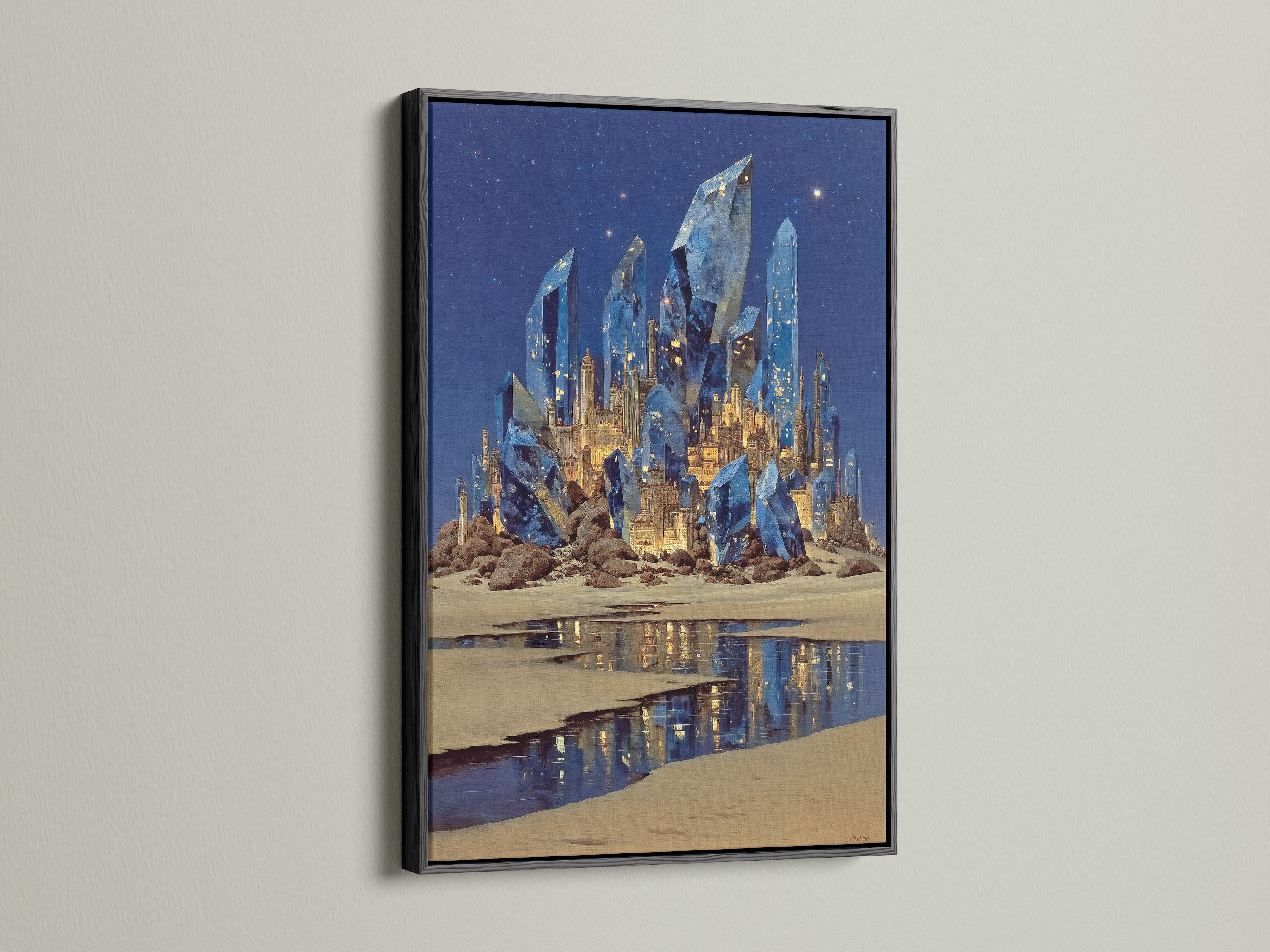 View the fantasy crystal castle artwork in a black frame. This surreal wall art is a striking addition. The black frame makes the blue crystal art pop. Ideal magical landscape canvas print for any room. Enhance your decor with fantasy artwork now