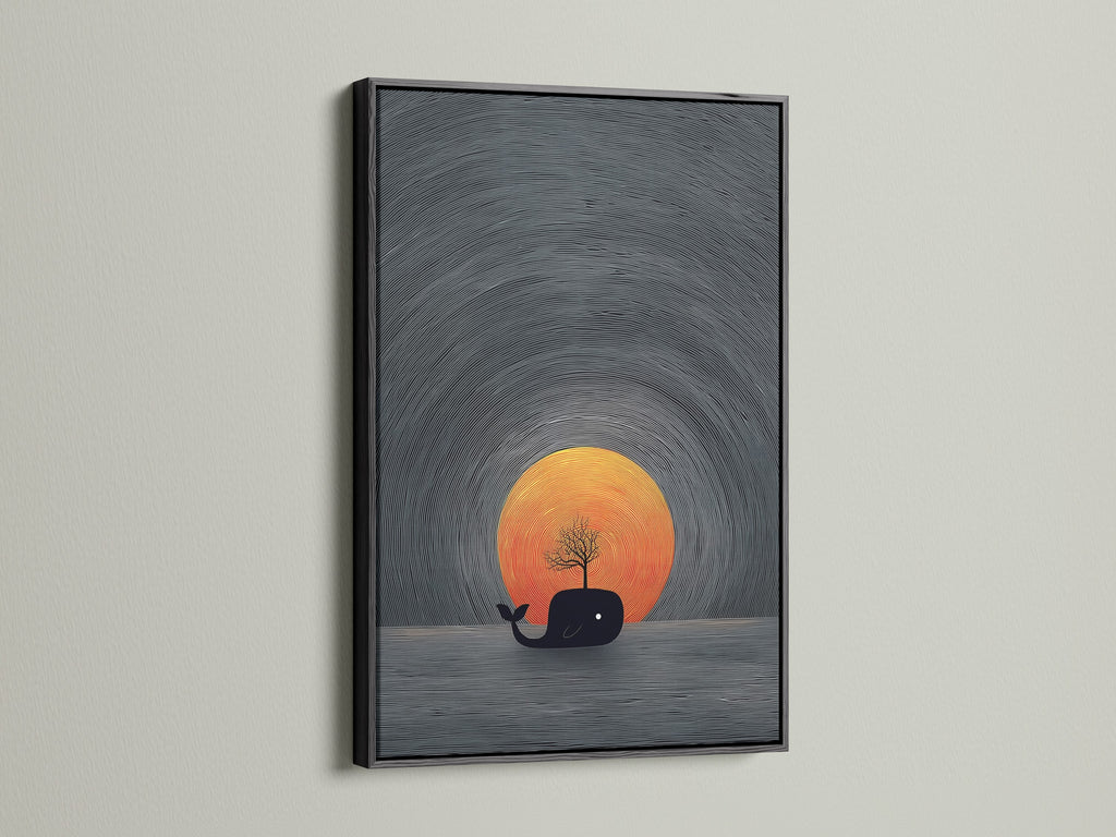 The black frame highlights the surreal whale art. This minimalist ocean artwork brings coastal style to your decor. The sunset canvas creates a serene atmosphere. This piece is perfect for a modern living room or nursery.