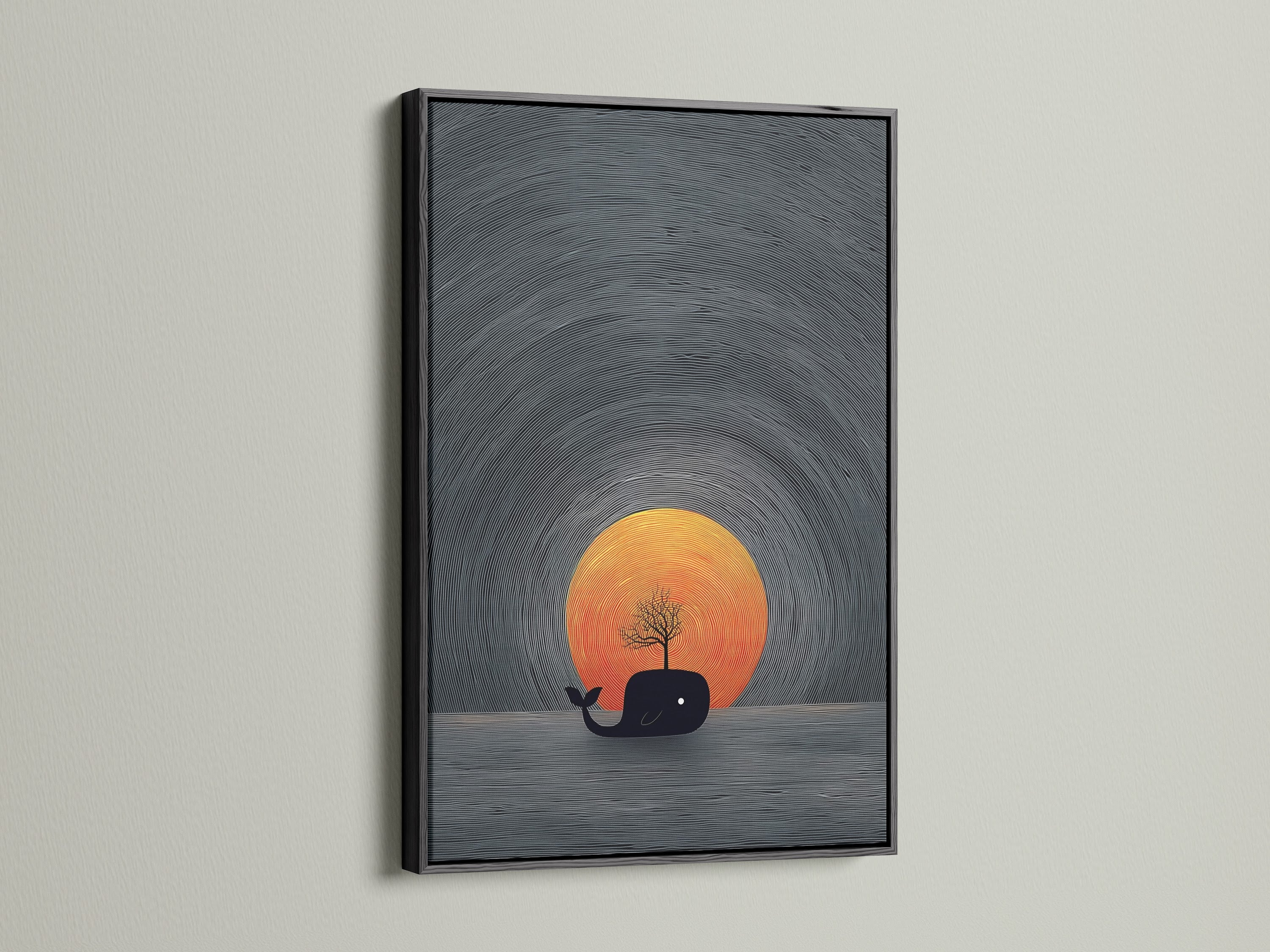 The black frame highlights the surreal whale art. This minimalist ocean artwork brings coastal style to your decor. The sunset canvas creates a serene atmosphere. This piece is perfect for a modern living room or nursery.