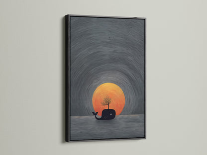 The black frame highlights the surreal whale art. This minimalist ocean artwork brings coastal style to your decor. The sunset canvas creates a serene atmosphere. This piece is perfect for a modern living room or nursery.