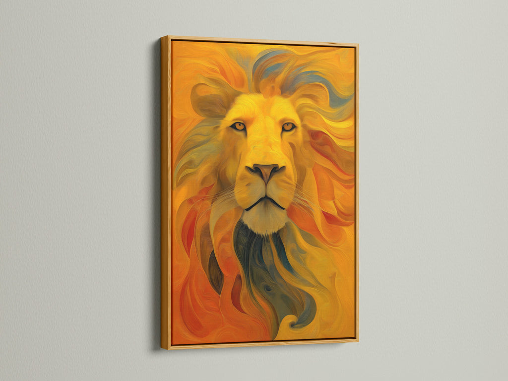 This is a close-up shot of a lion artwork with a gold frame. The gold frame exudes luxury and opulence. The artwork is elevated with the touch of gold. Enhance your home with a touch of glamor. The lion artwork is the perfect addition to your art collection.