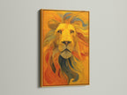 This is a close-up shot of a lion artwork with a gold frame. The gold frame exudes luxury and opulence. The artwork is elevated with the touch of gold. Enhance your home with a touch of glamor. The lion artwork is the perfect addition to your art collection.