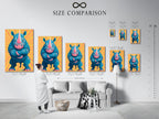 A size comparison chart is displayed in a room setting. Visualize the different sizes of the rhino artwork. See how each size fits in various interior spaces. Choose the perfect dimensions for your wall decor. Find the ideal animal canvas today.