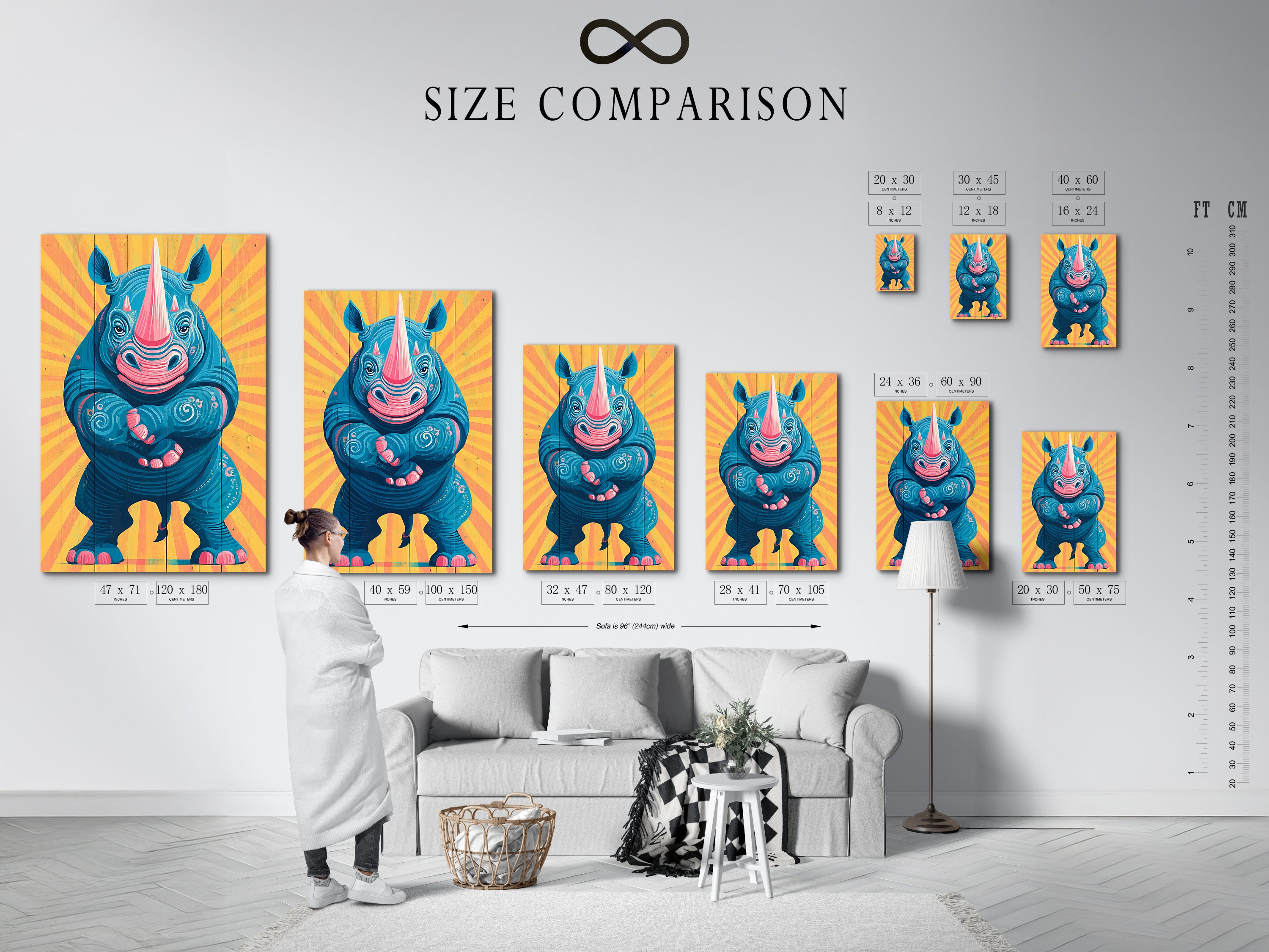 A size comparison chart is displayed in a room setting. Visualize the different sizes of the rhino artwork. See how each size fits in various interior spaces. Choose the perfect dimensions for your wall decor. Find the ideal animal canvas today.