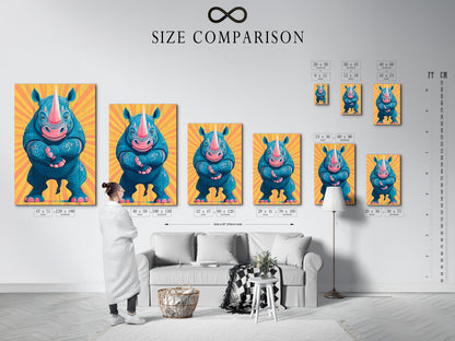 A size comparison chart is displayed in a room setting. Visualize the different sizes of the rhino artwork. See how each size fits in various interior spaces. Choose the perfect dimensions for your wall decor. Find the ideal animal canvas today.