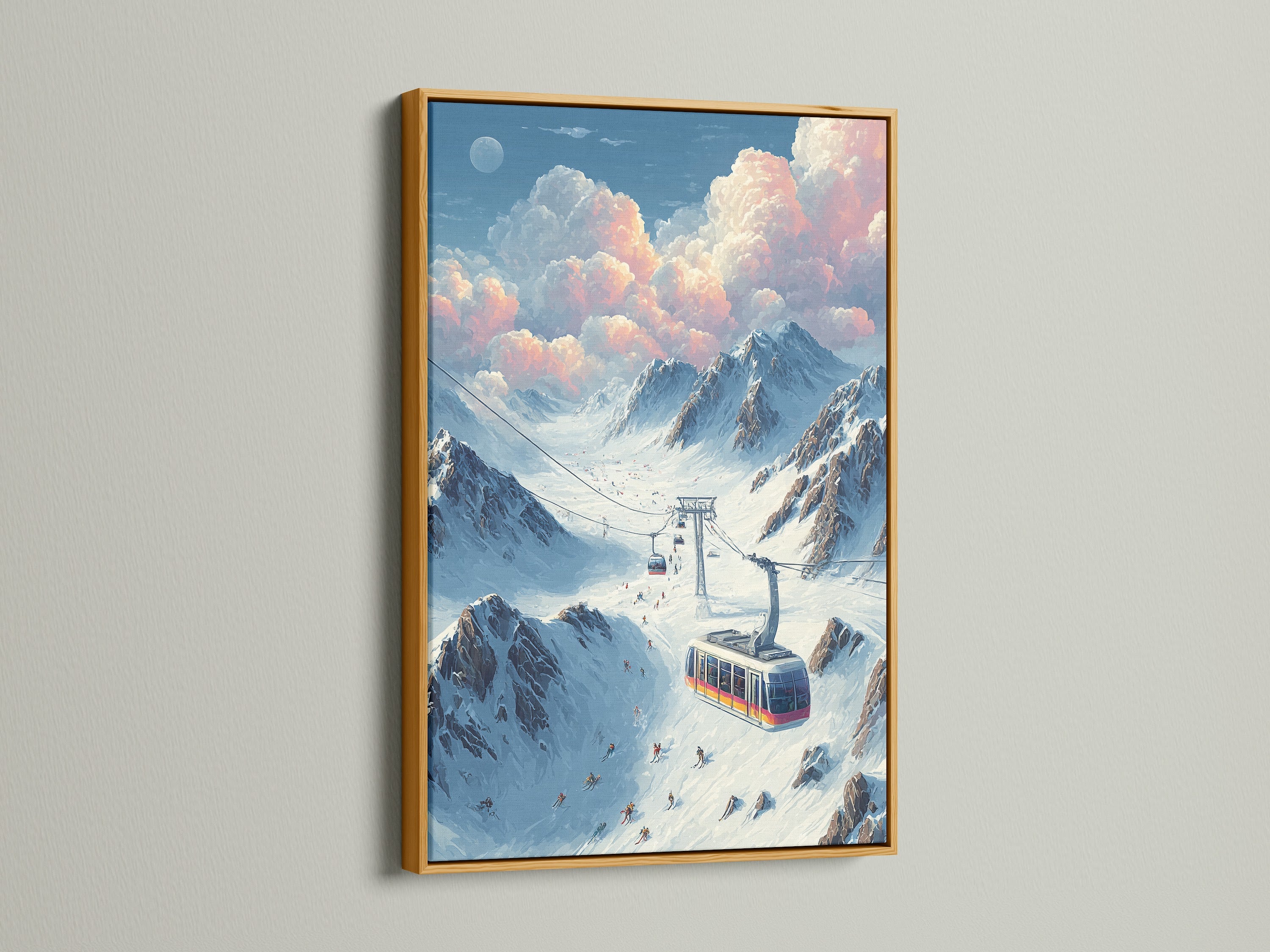 Vintage ski lift art print in a gold frame. The artwork shows a snowy mountain landscape with a ski lift. This piece brings a touch of winter inspiration to any room. Ideal for ski lodge decor or a vintage travel art collection. Ready to display.