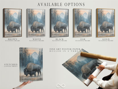 Explore available options for bison art. Choose from stretched canvas prints or fine art poster paper. Consider a floating frame for added elegance. Enhance your rustic decor with wildlife art.