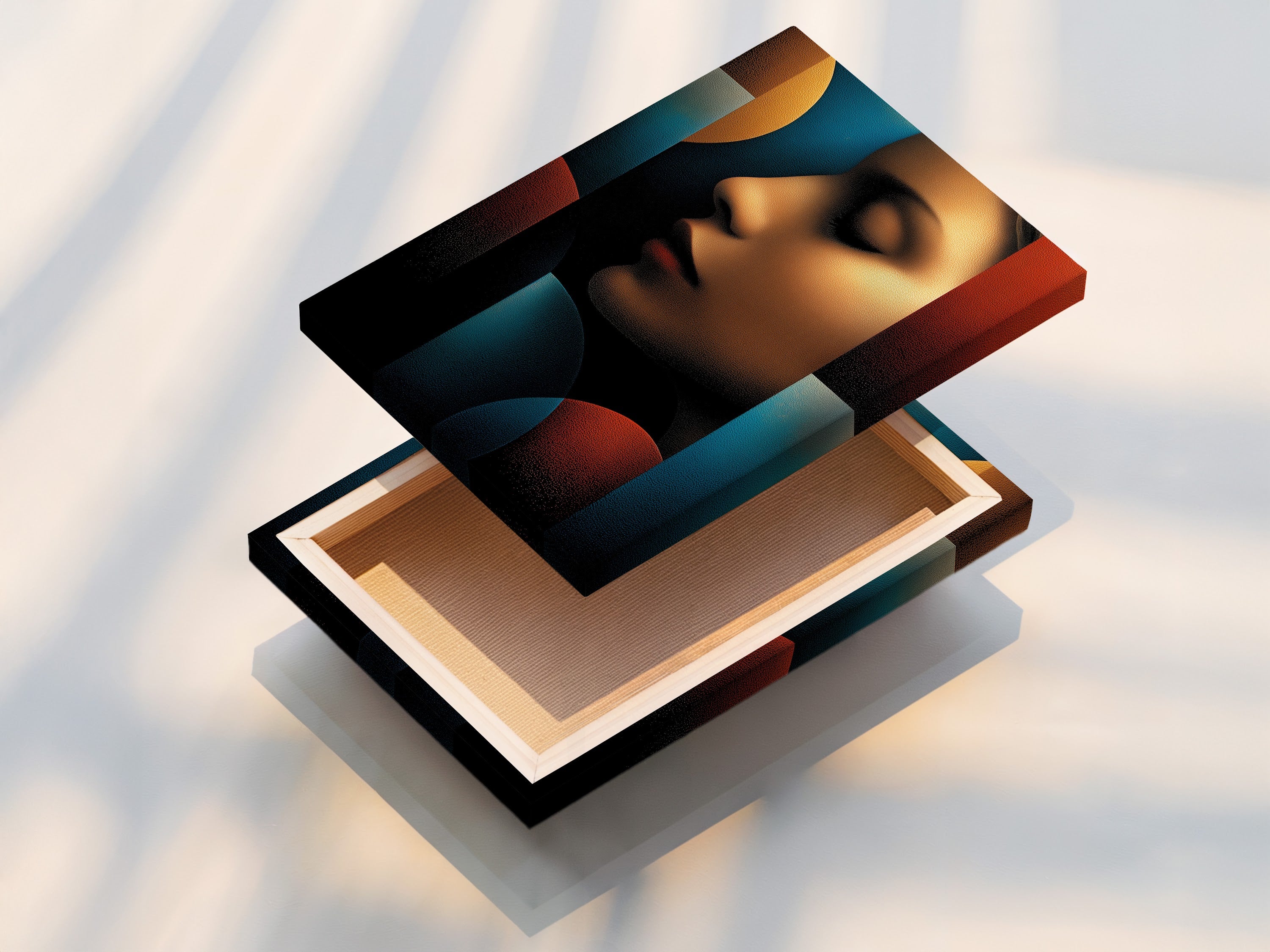 Stretched canvas print artwork is displayed. The artwork features a woman's profile with geometric shapes. The stretched canvas provides a gallery-ready look. The colors are rich and vibrant. This is perfect for any art lover.