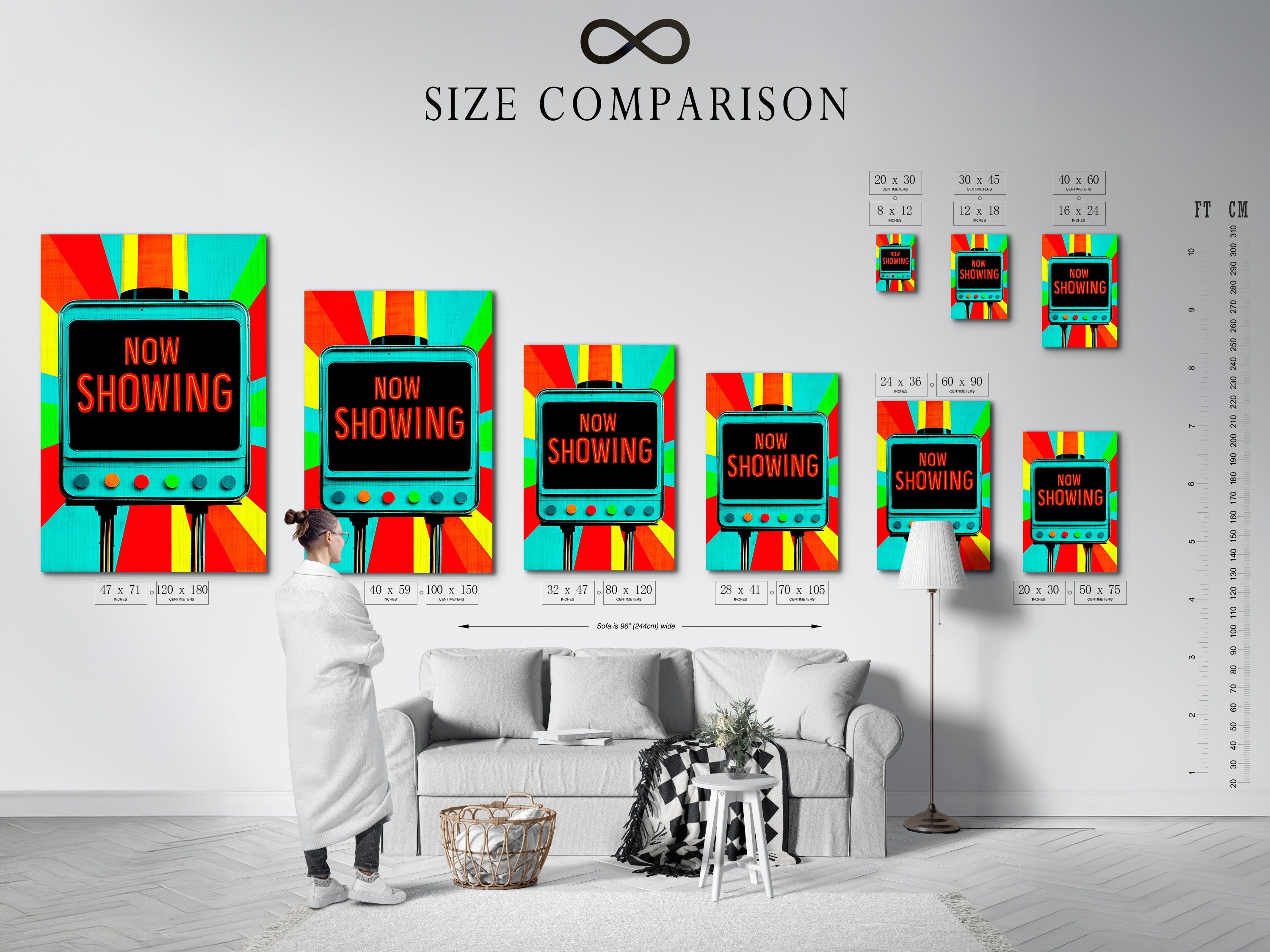 A size comparison chart in an interior setting. See how different sizes of the 'Now Showing' art print will look in your home. Choose the perfect size to fit your space and decor needs.