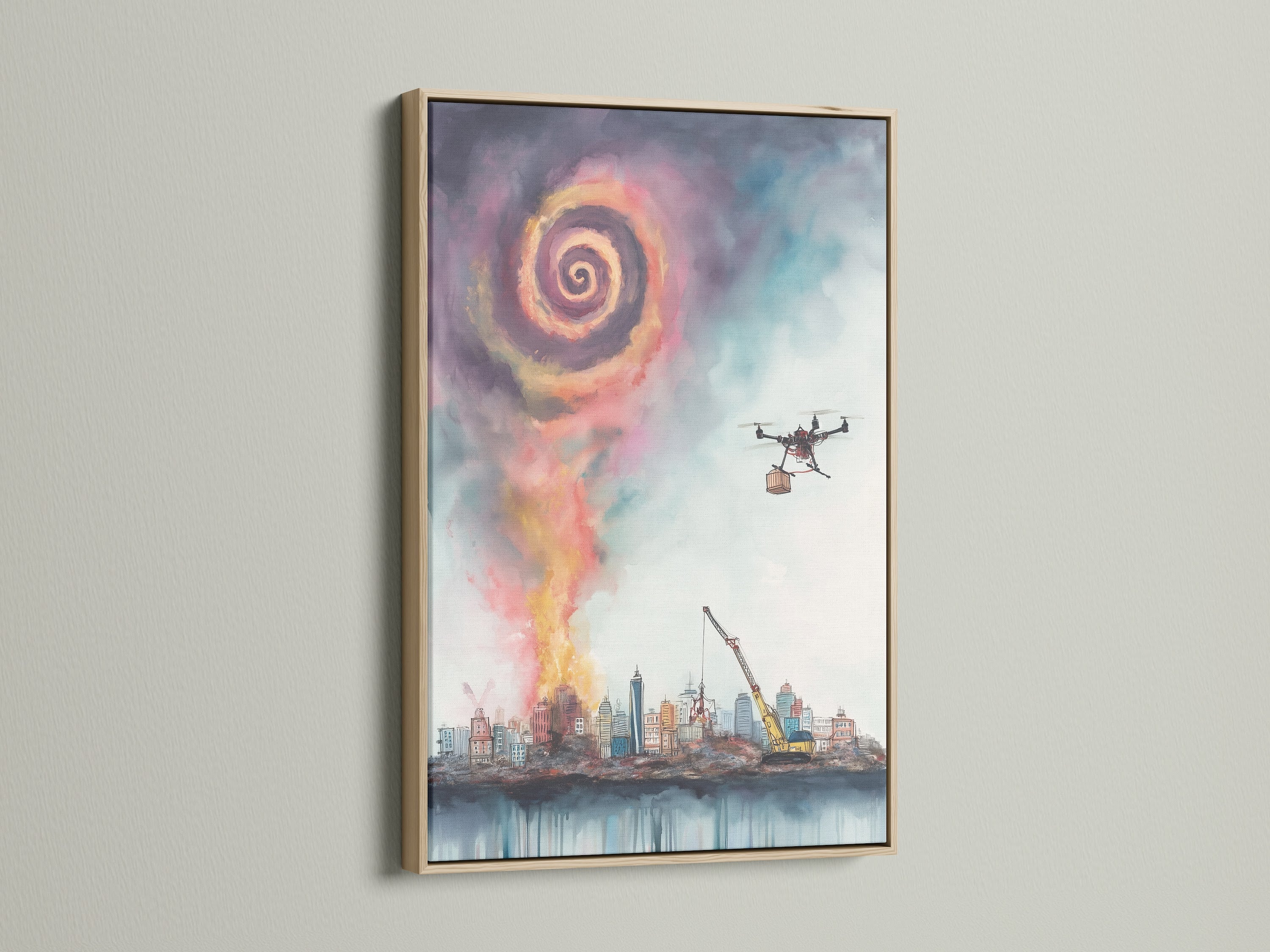 This is a framed surreal cityscape artwork. The oak frame enhances the modern urban fantasy art. It features drone delivery set against a unique skyline. Ideal as office wall decor or a gift for tech enthusiasts seeking contemporary print.