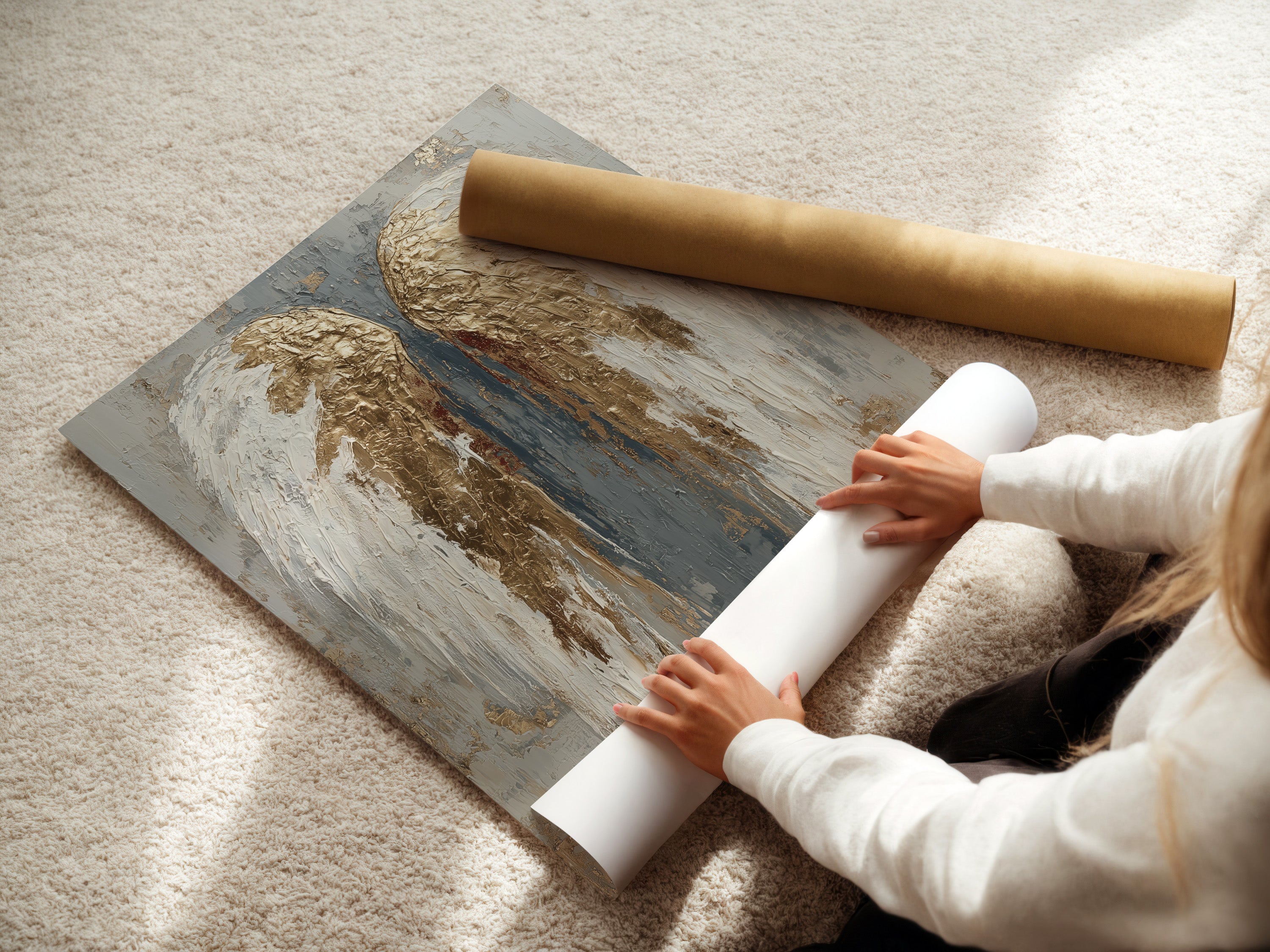A woman is carefully rolling a fine art poster paper. The poster paper is delicate and requires gentle handling. This preserves the artwork's quality. It ensures it is ready for framing or display. This is a great option to consider.