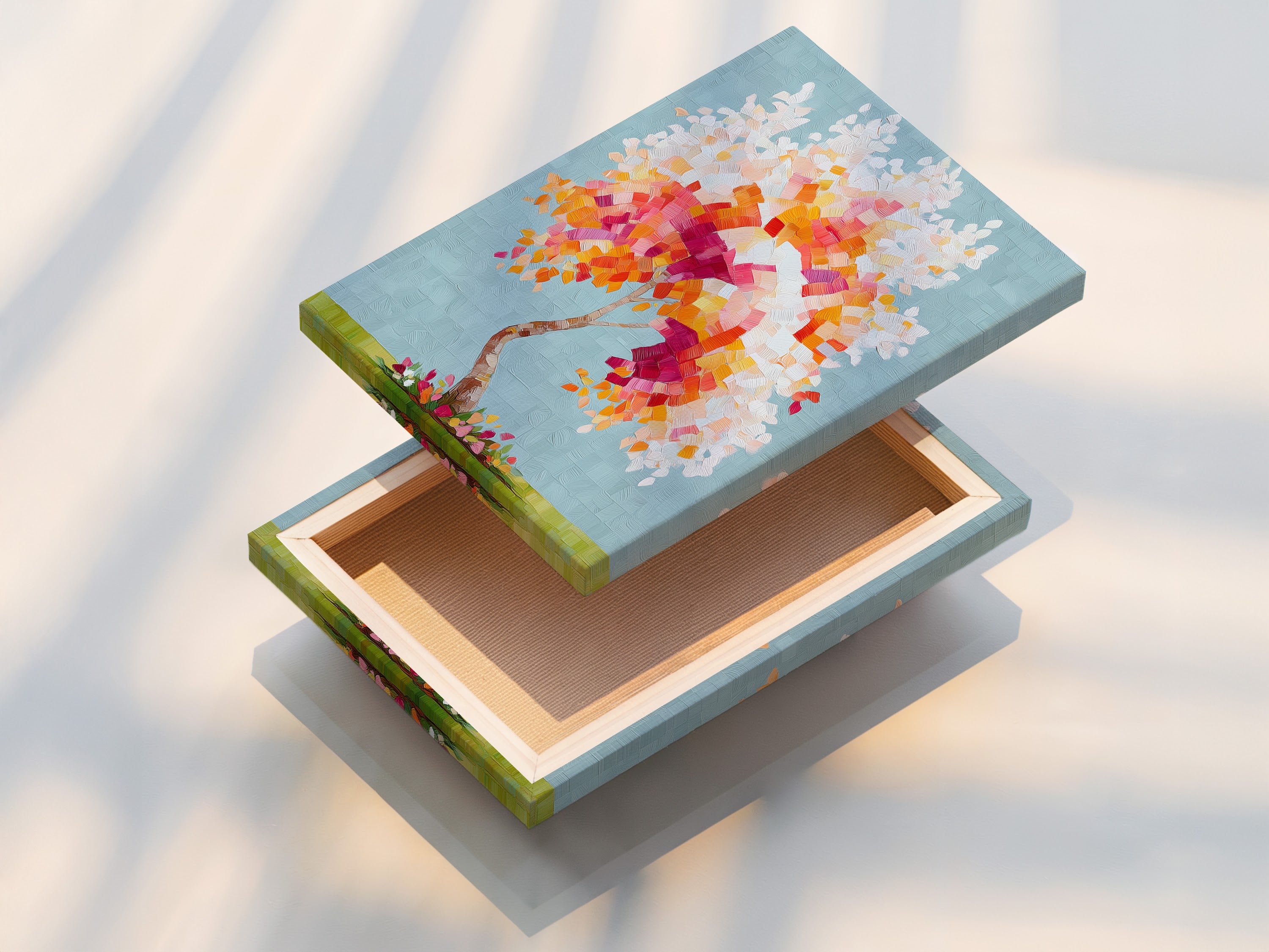 This is a stretched canvas print of colorful tree artwork. The mosaic wall art is ready to hang. The abstract tree print is vibrant and textured. It is a perfect addition to any contemporary space. Enjoy the beauty of this modern nature art.