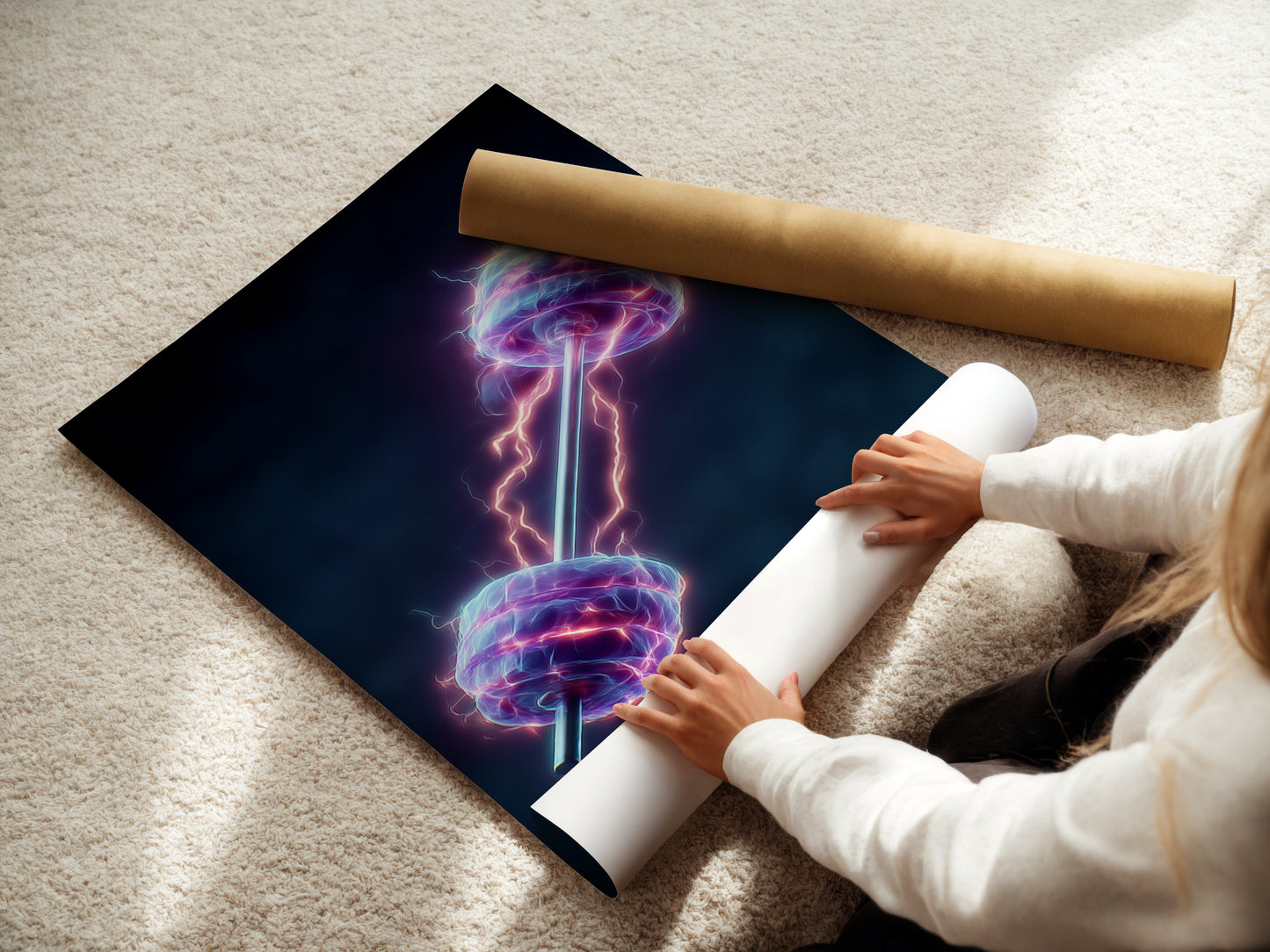 A woman is rolling a fine art poster paper of the Neon Dumbbell print. This electric gym artwork is ideal for fitness motivation. The poster paper allows for versatile home gym decor. The artwork is perfect for weightlifting rooms and fitness studios. It adds style to any workout space.