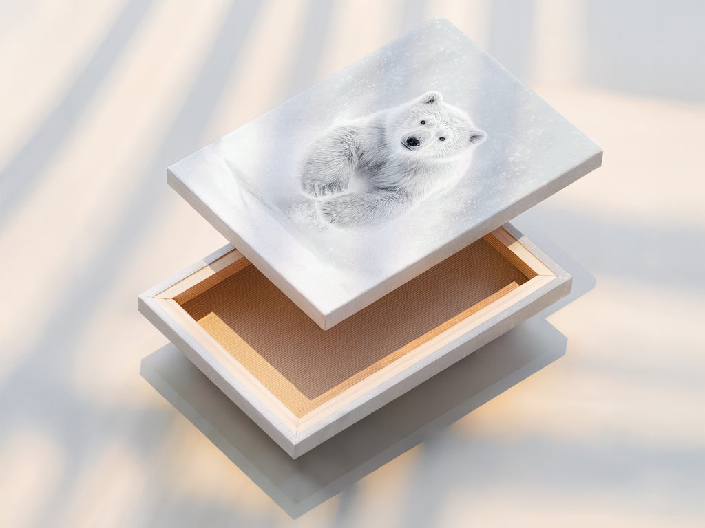 This stretched canvas print showcases a polar bear artwork ready to hang and transform any space. The stretched canvas enhances the wildlife wall art providing a clean and modern look. Ideal for adding arctic charm to your decor.