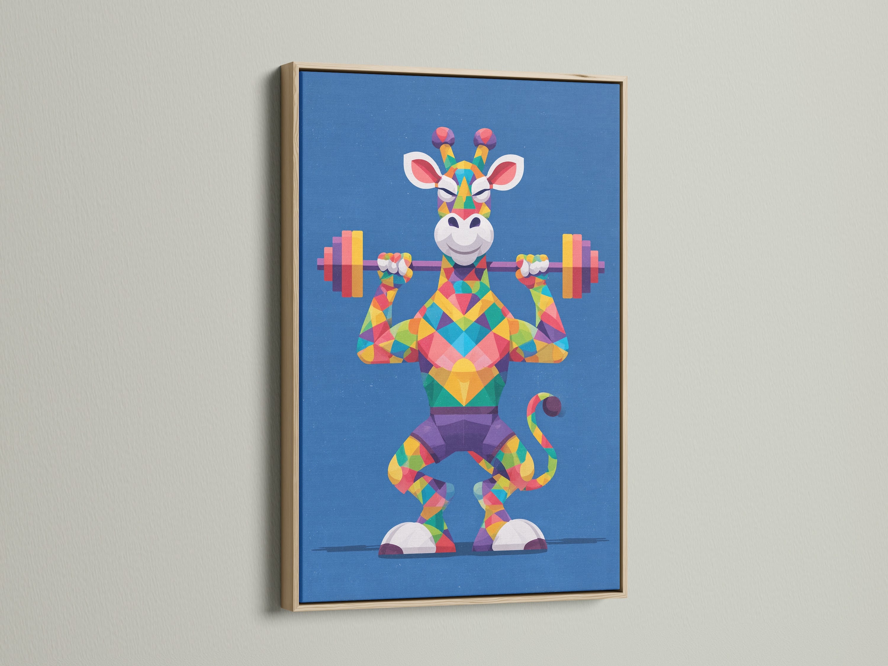 Geometric Giraffe art in an oak frame. The artwork showcases a colorful giraffe lifting weights. Perfect for adding a touch of modern animal art to your gym. This polygonal art print is great for fitness motivation. The primary color is blue with rainbow accents.