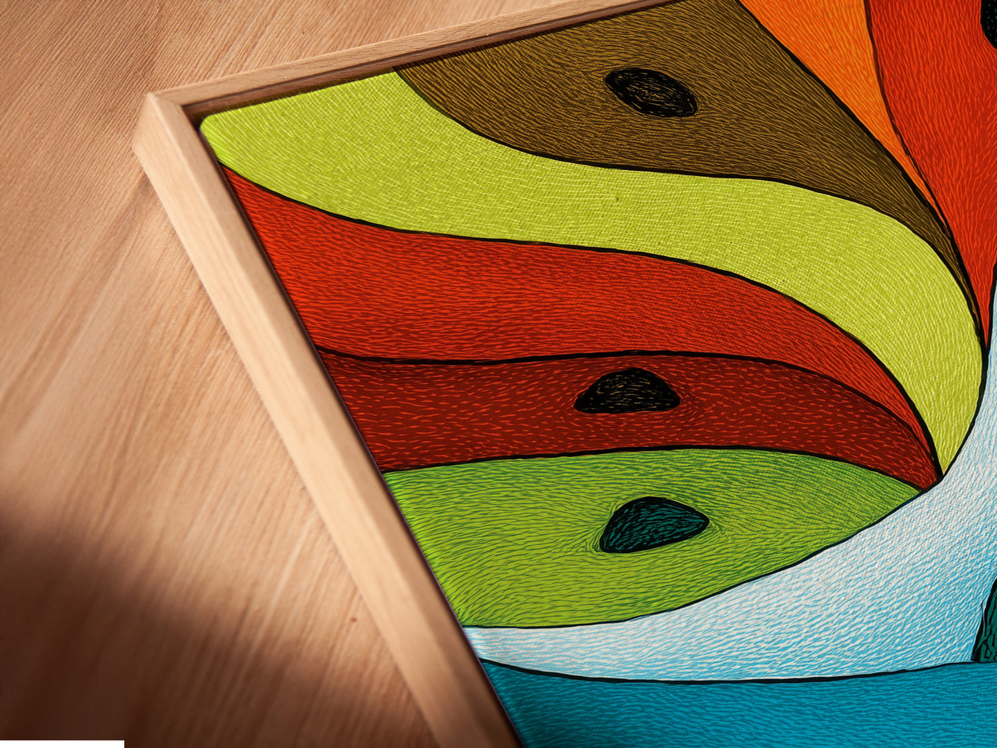 A close-up angled view of a canvas print in a floating frame. The frame creates a unique shadow. The floating frame adds depth and dimension. See how this modern framing style enhances canvas prints. Order yours today.