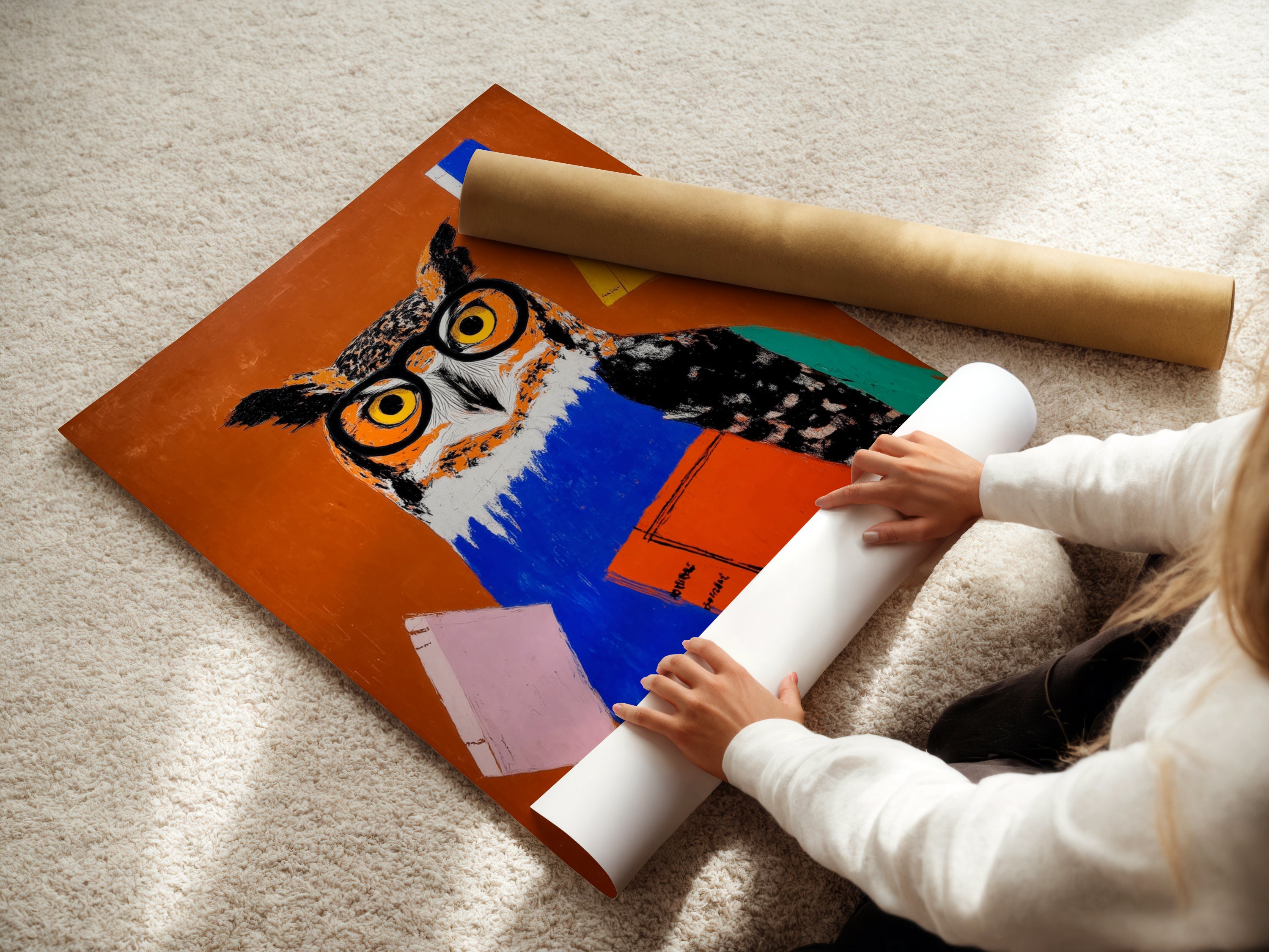 A woman rolls a fine art poster paper. She is preparing the Owl with Books Art Print. This is for a special order. The whimsical teacher wall art is about to be shipped. The colorful bird canvas will soon adorn a study room. A perfect gift.