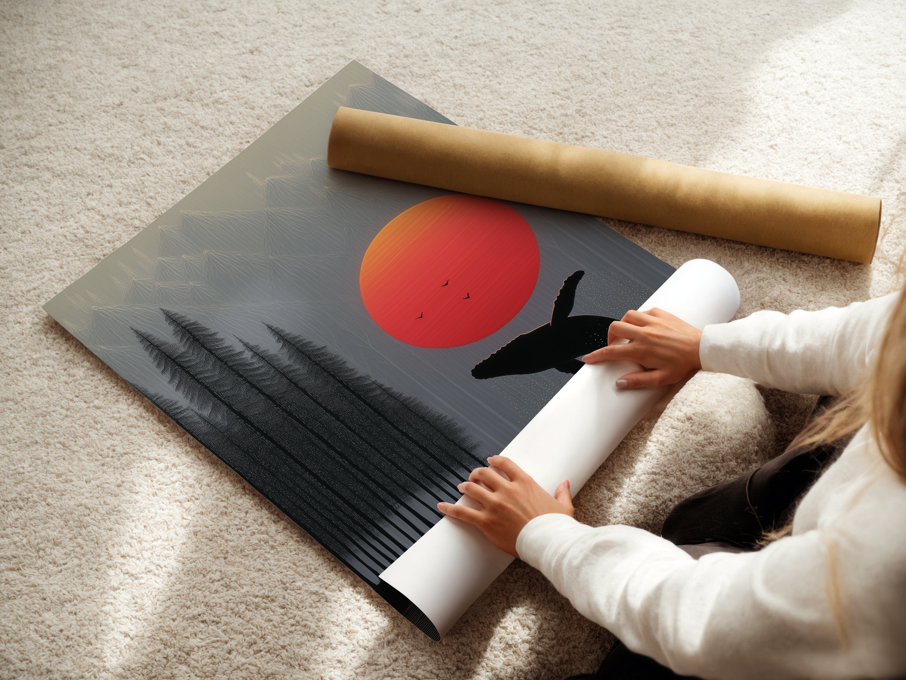 A woman is carefully rolling a fine art poster paper featuring the Whale Sunset artwork. This ensures your minimalist art arrives in perfect condition. Perfect for your coastal wall art. Each nature artwork is handled with care. Order yours today.