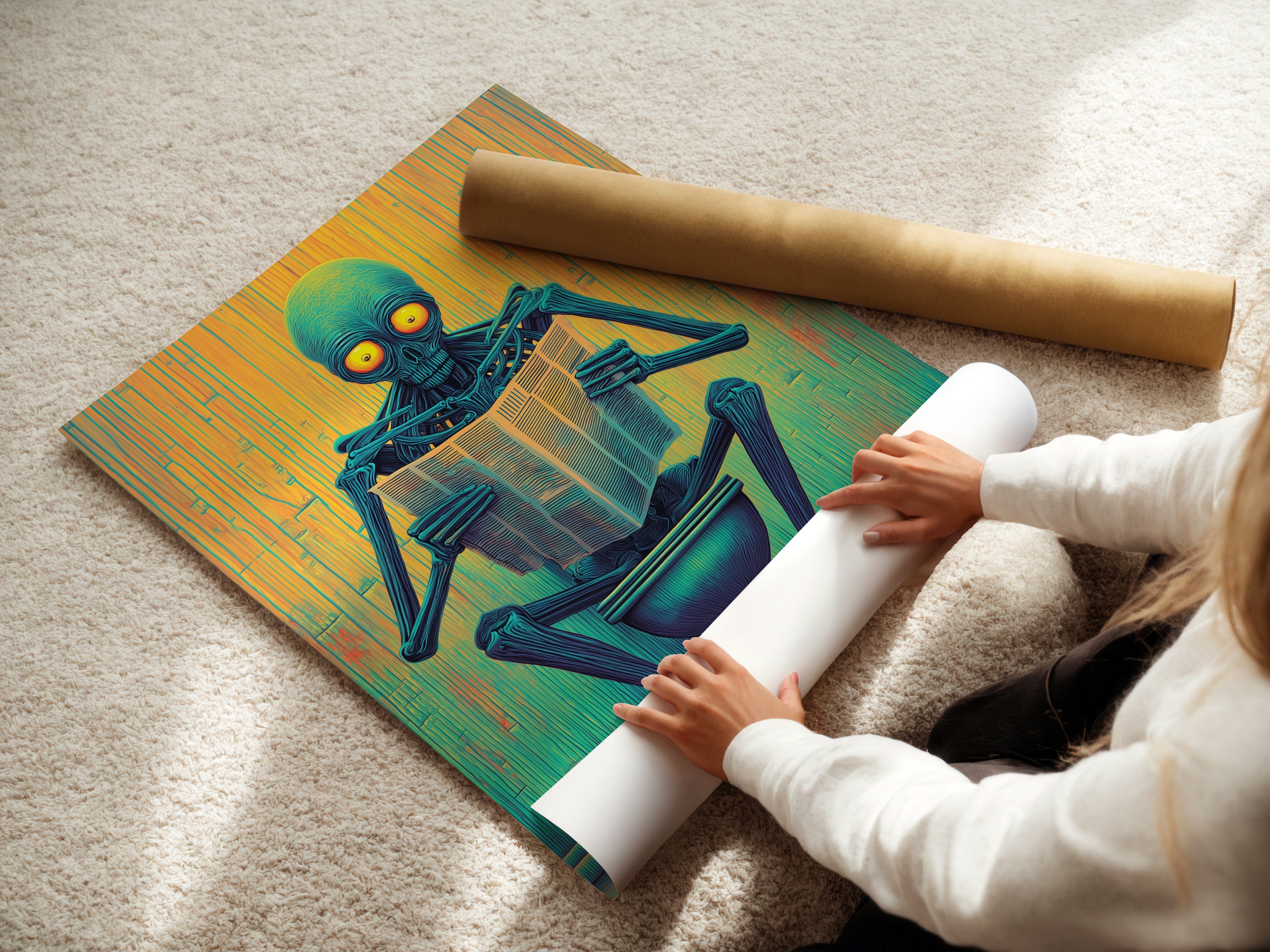 A woman is carefully handling fine art poster paper. She is preparing an Alien on Toilet print. This ensures the best quality for your artwork. We offer stretched canvas and floating frames. This quirky bathroom art is ready to ship. It's perfect for any space.