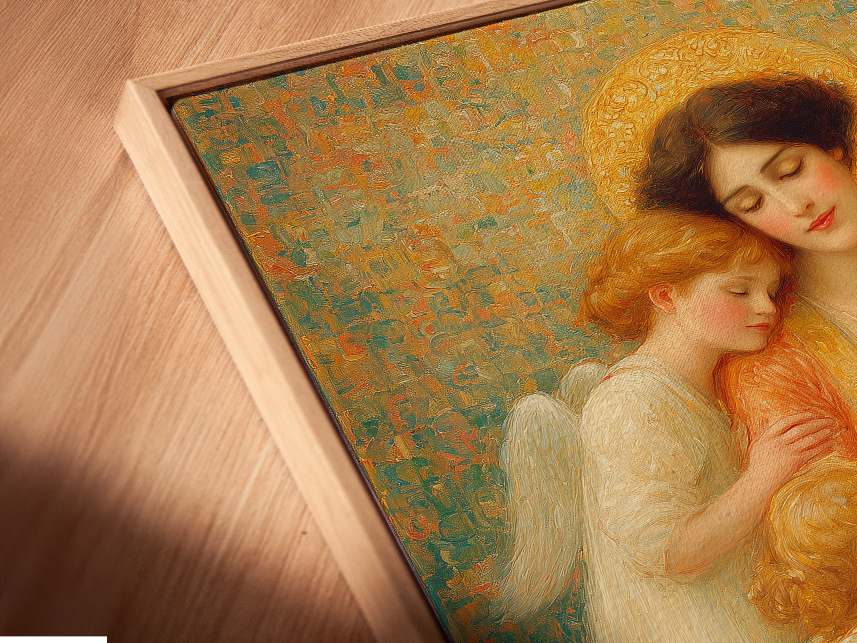 Close-up angled view of a canvas print in a floating frame. The Madonna & Child Renaissance Angel Wall Art is visible. The frame enhances the religious vintage artwork. Perfect as religious decor for nursery or bedroom. A beautiful angel artwork.