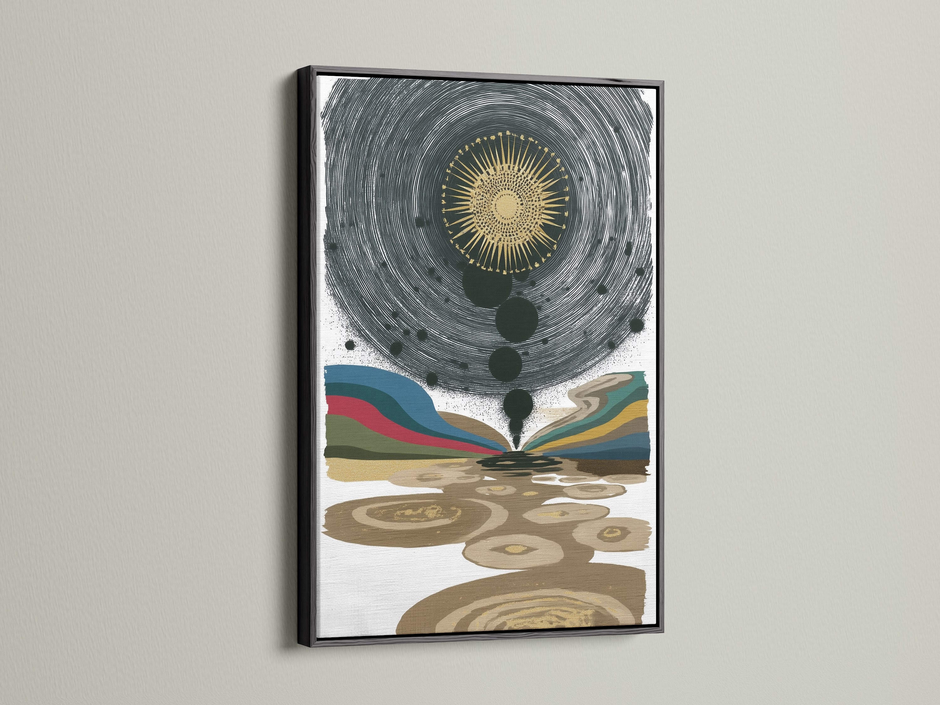A striking black frame surrounds a canvas print. The black frame adds a bold touch to the abstract sun art. This frame style creates a focal point for celestial wall art. It also provides a sophisticated look for your bohemian art print. Transform your wall decor today.